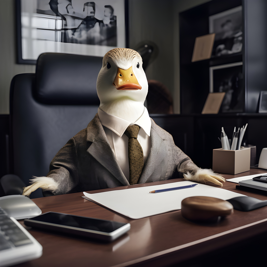 A duck dressed in a suit sitting at a desk - Impossible Images - Unique ...