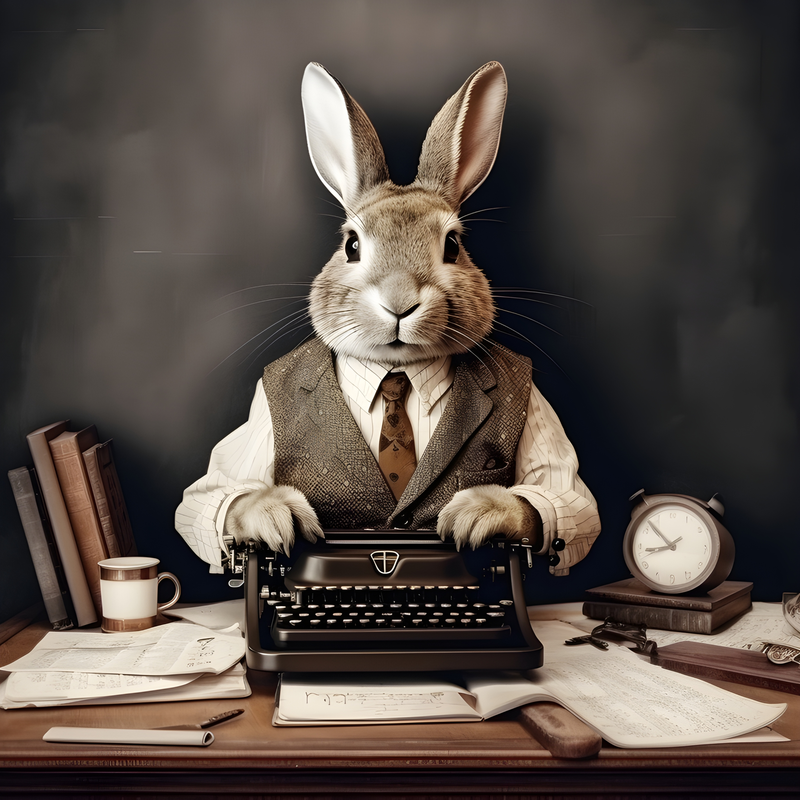 A rabbit wearing a suit and tie sitting at a desk with a typewriter ...