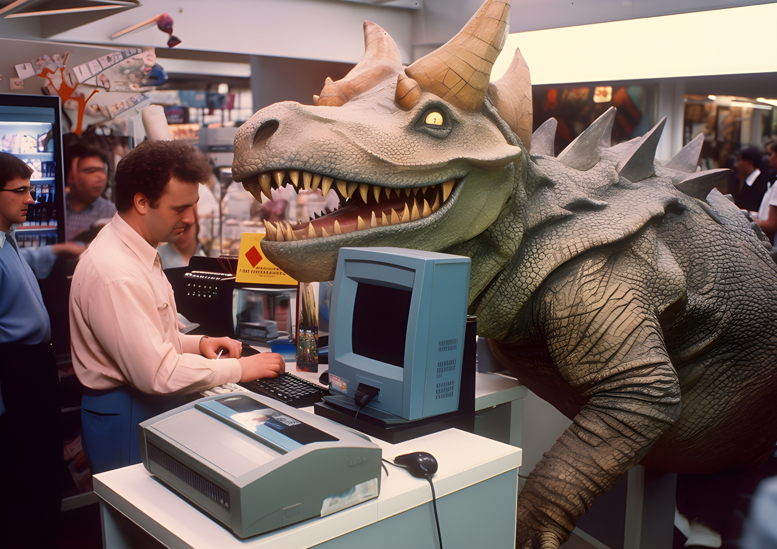 Dinosaur in a 1990s computer store - Impossible Images - Unique stock ...