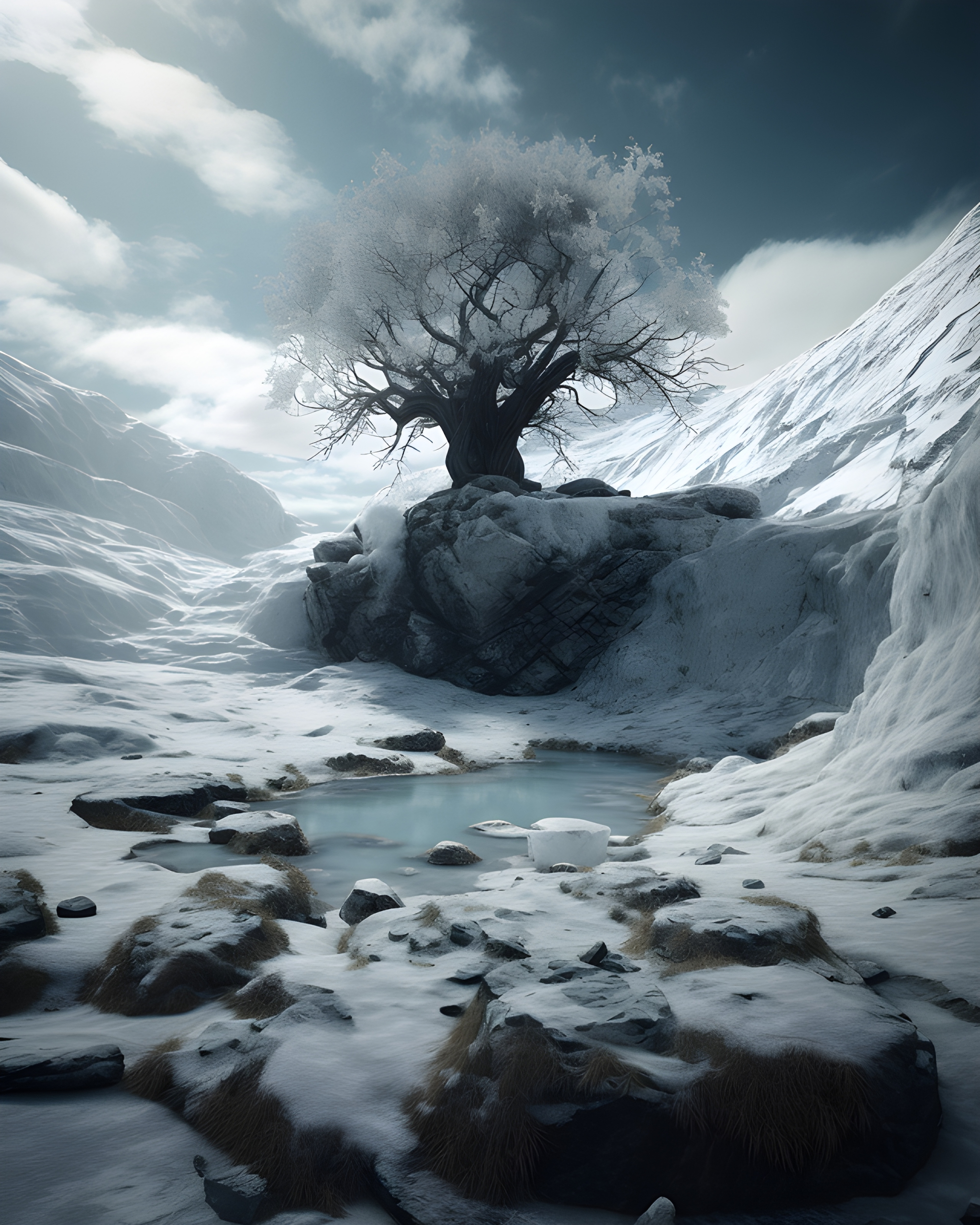 Snowy landscape with a tree growing on the rocks in the distance ...