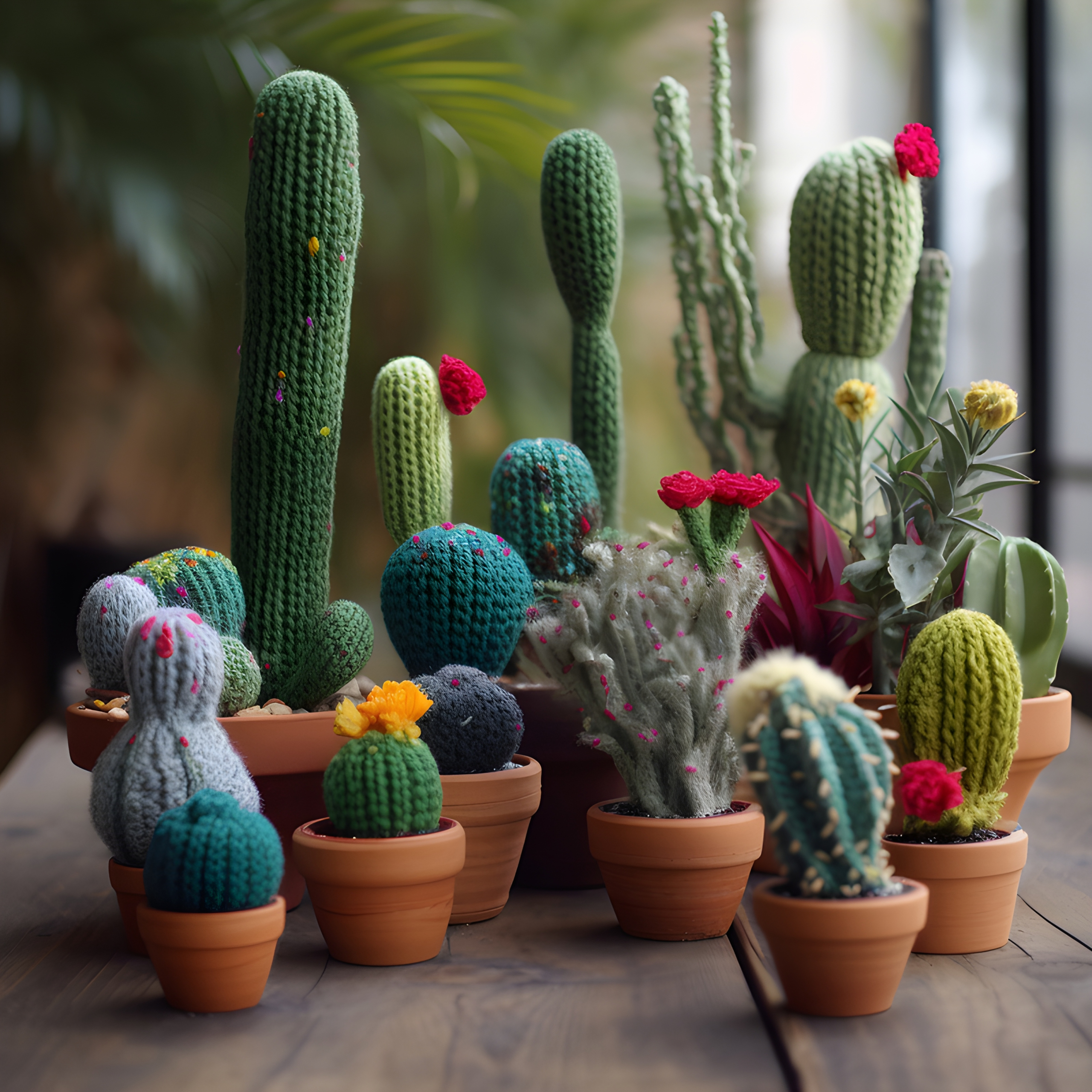 A close-up of knitted cacti art, showcasing the unique texture and form of these desert plants.