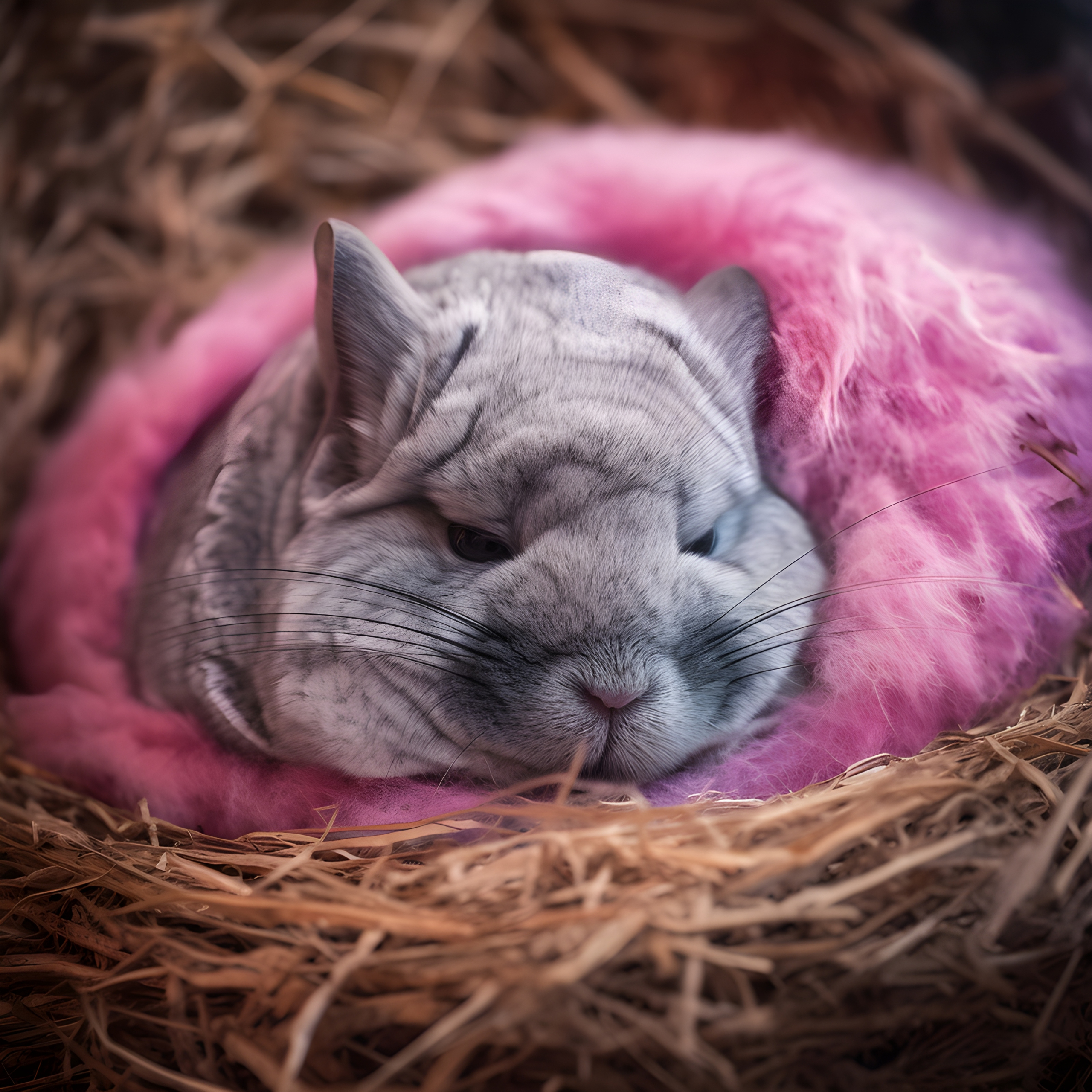 Chinchilla asleep in a next of pink fluff - Impossible