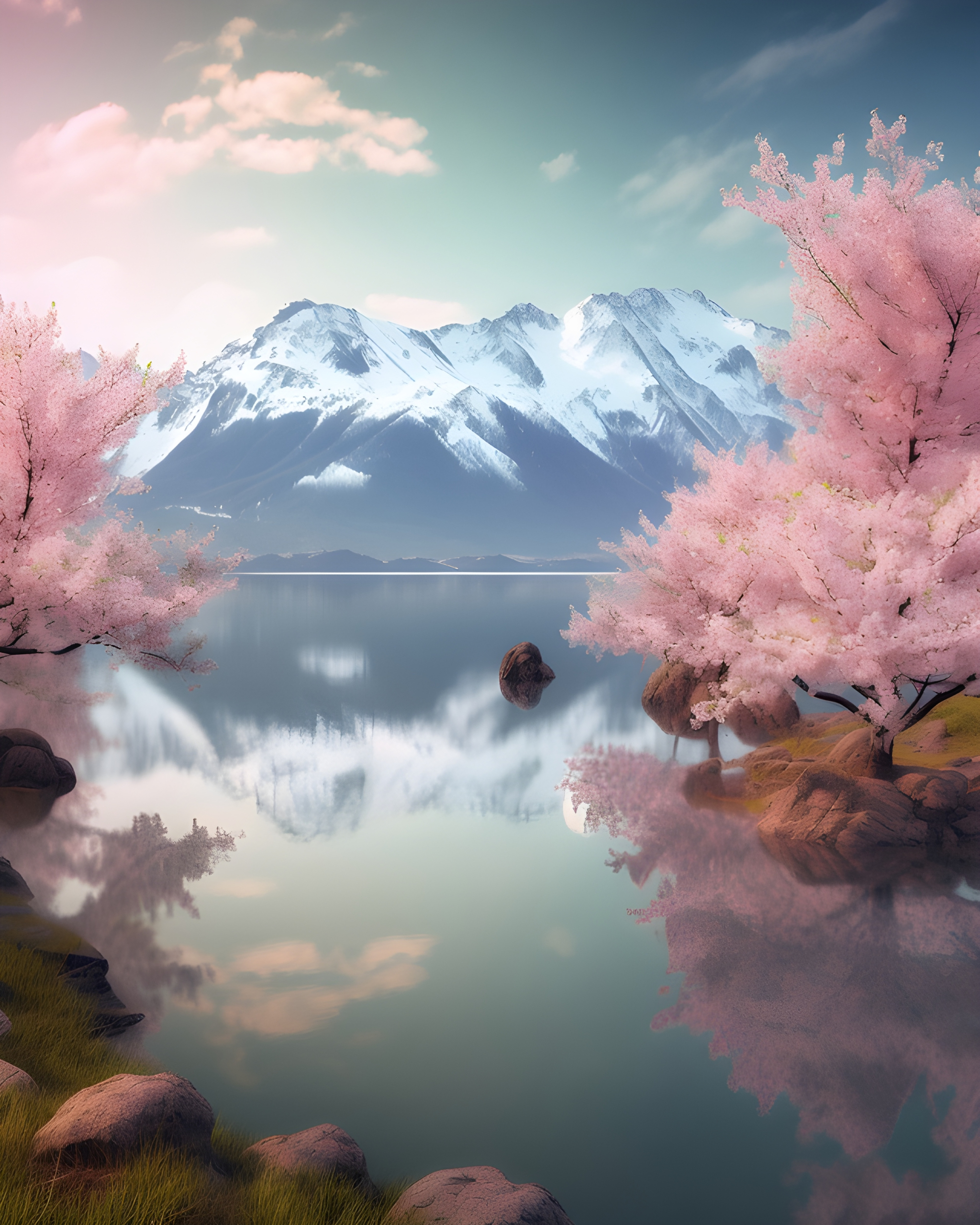 A snowy mountain with cherry blossom trees overhanging the lake below ...