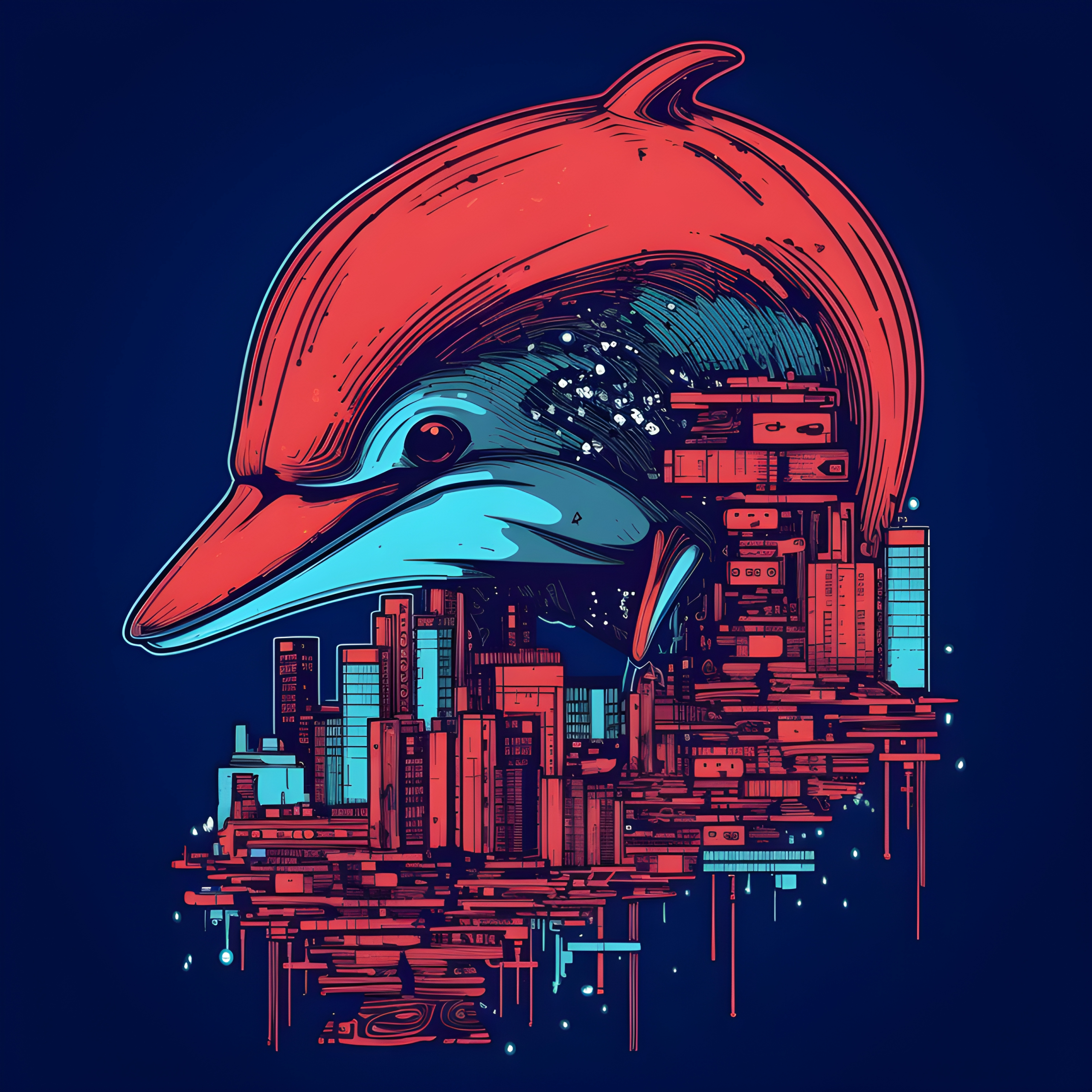 A Red & Blue dolphin and cityscape illustration. - Impossible Images ...