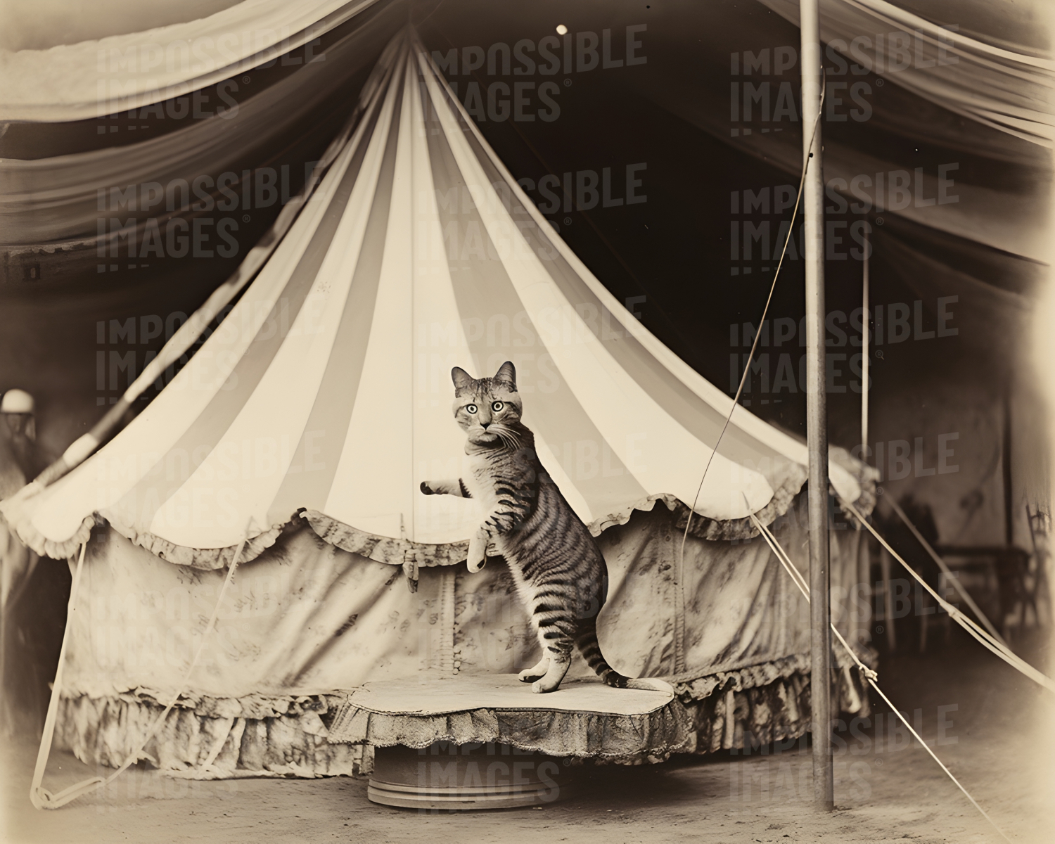 A cat posing in front of a tent at the old circus Impossible Images