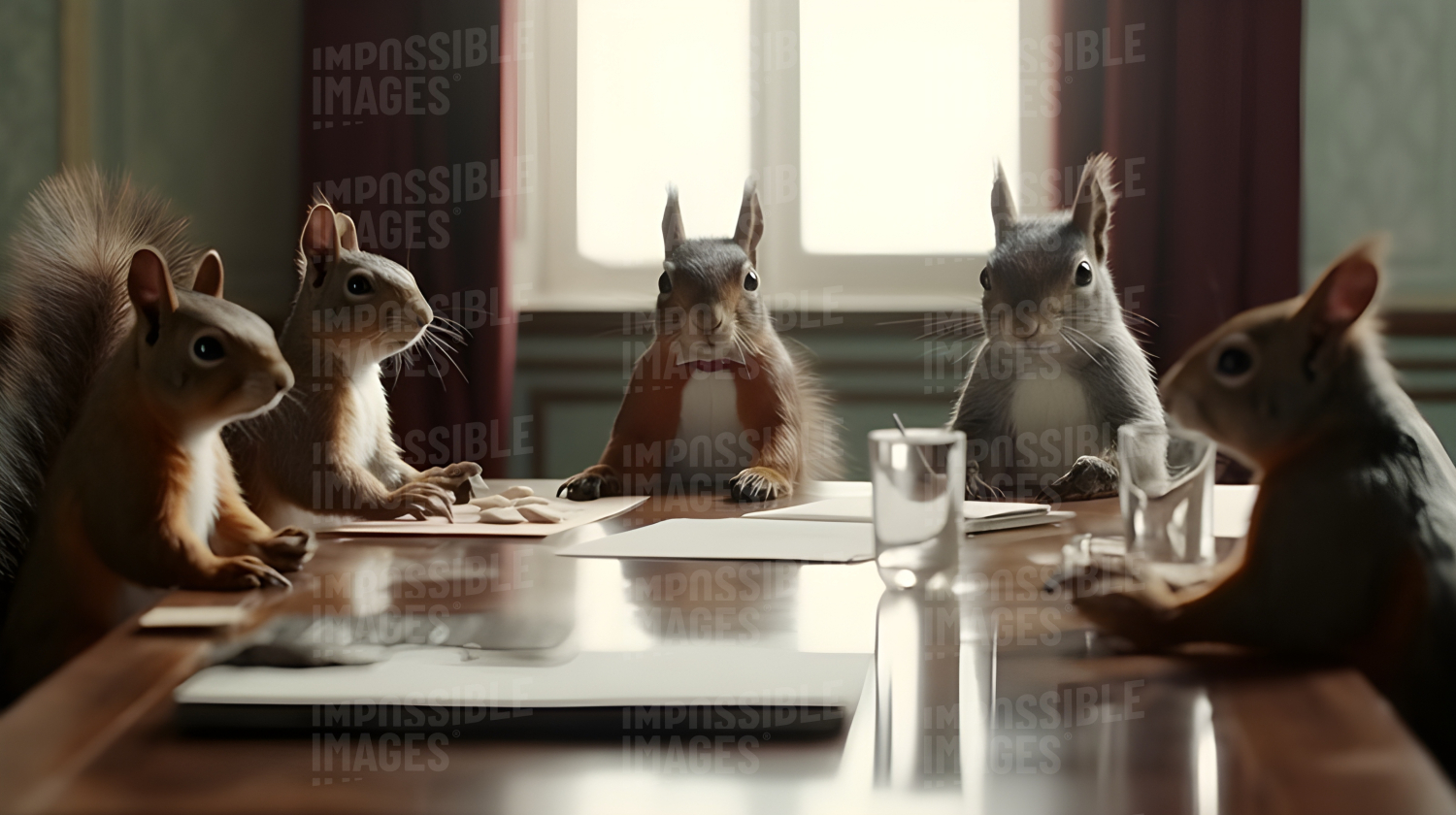 Anthropomorphic Squirrels in a Business meeting. Impossible Images