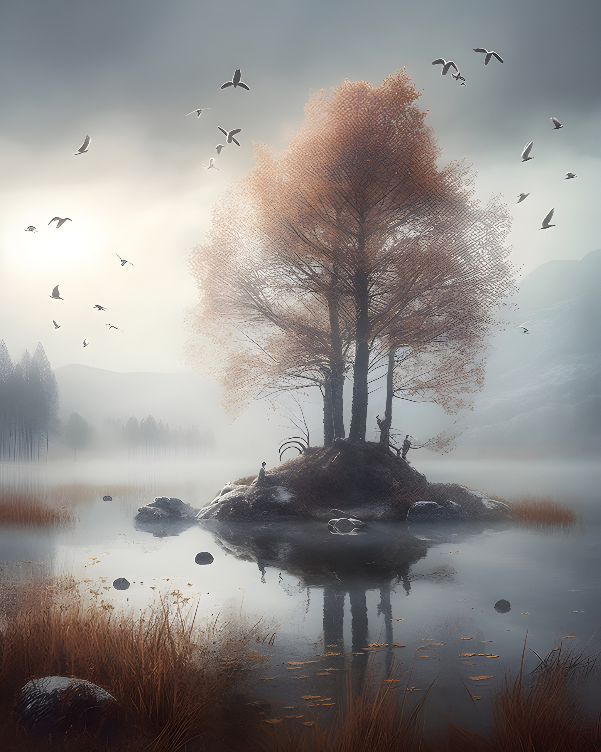 Moody landscape of a tree on a foggy lake - Impossible Images - Unique ...
