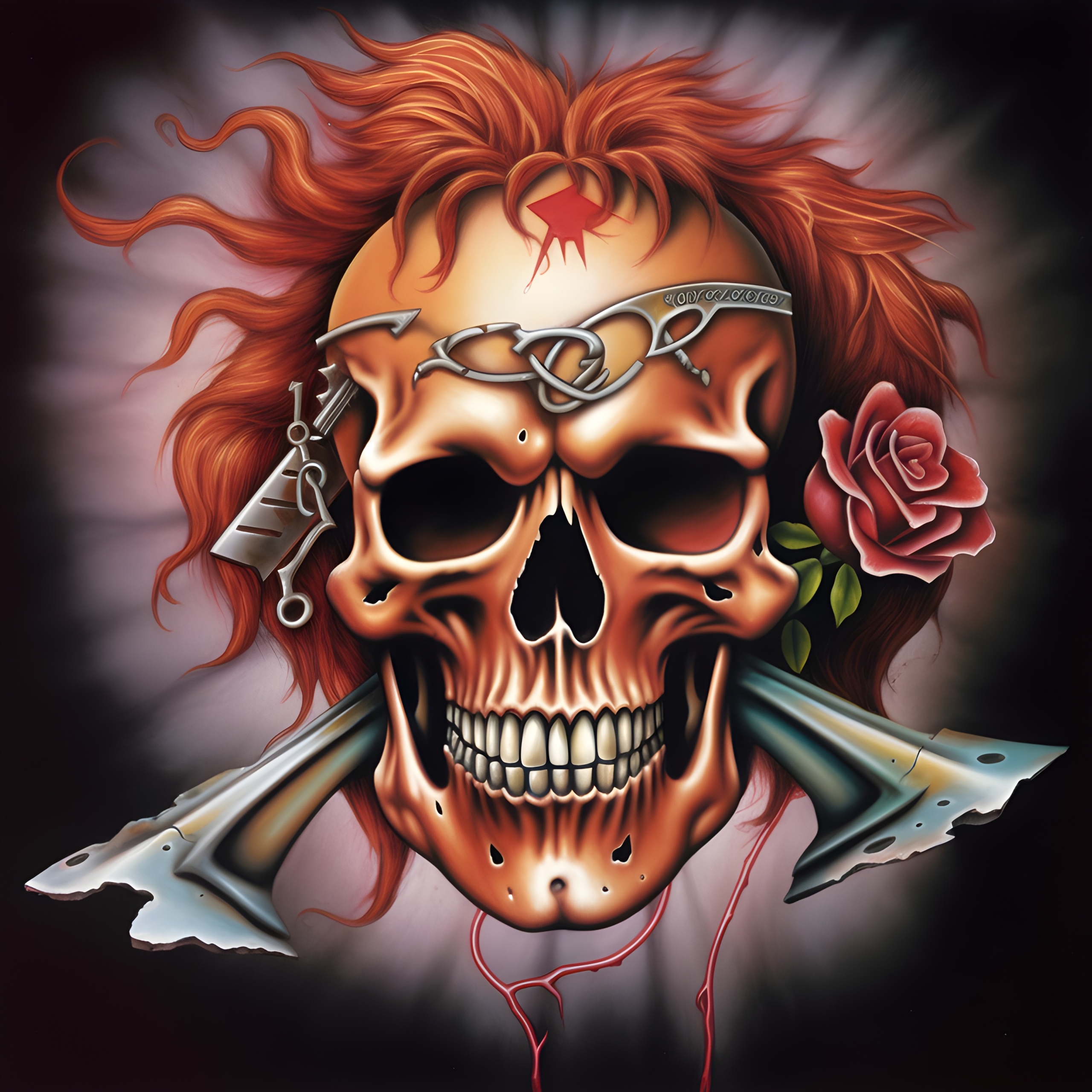 1980s airbrush style illustration of a skull with rock star hair