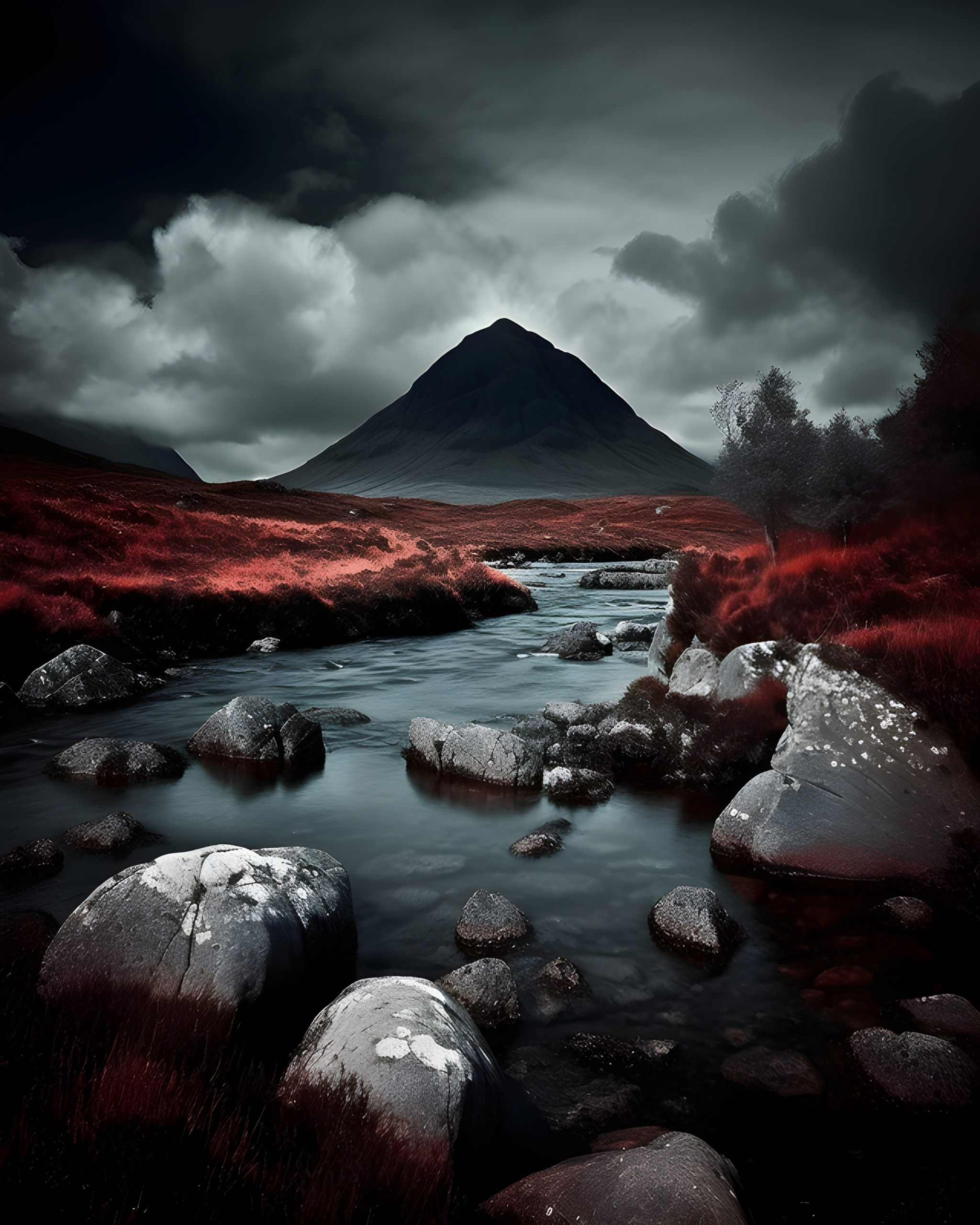 Tranquil lake in front of a dystopian mountainous landscape