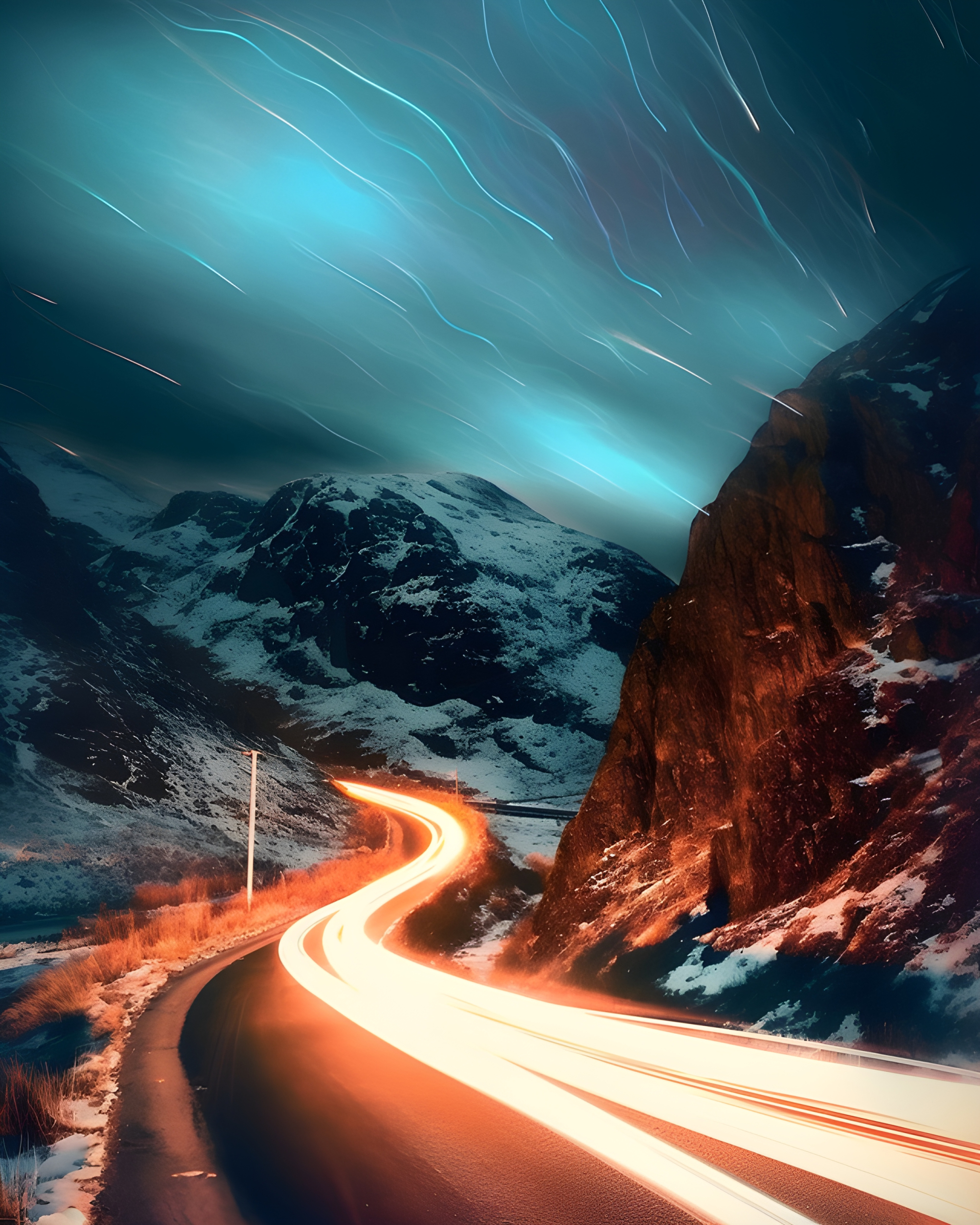 Light trails around a mountain road