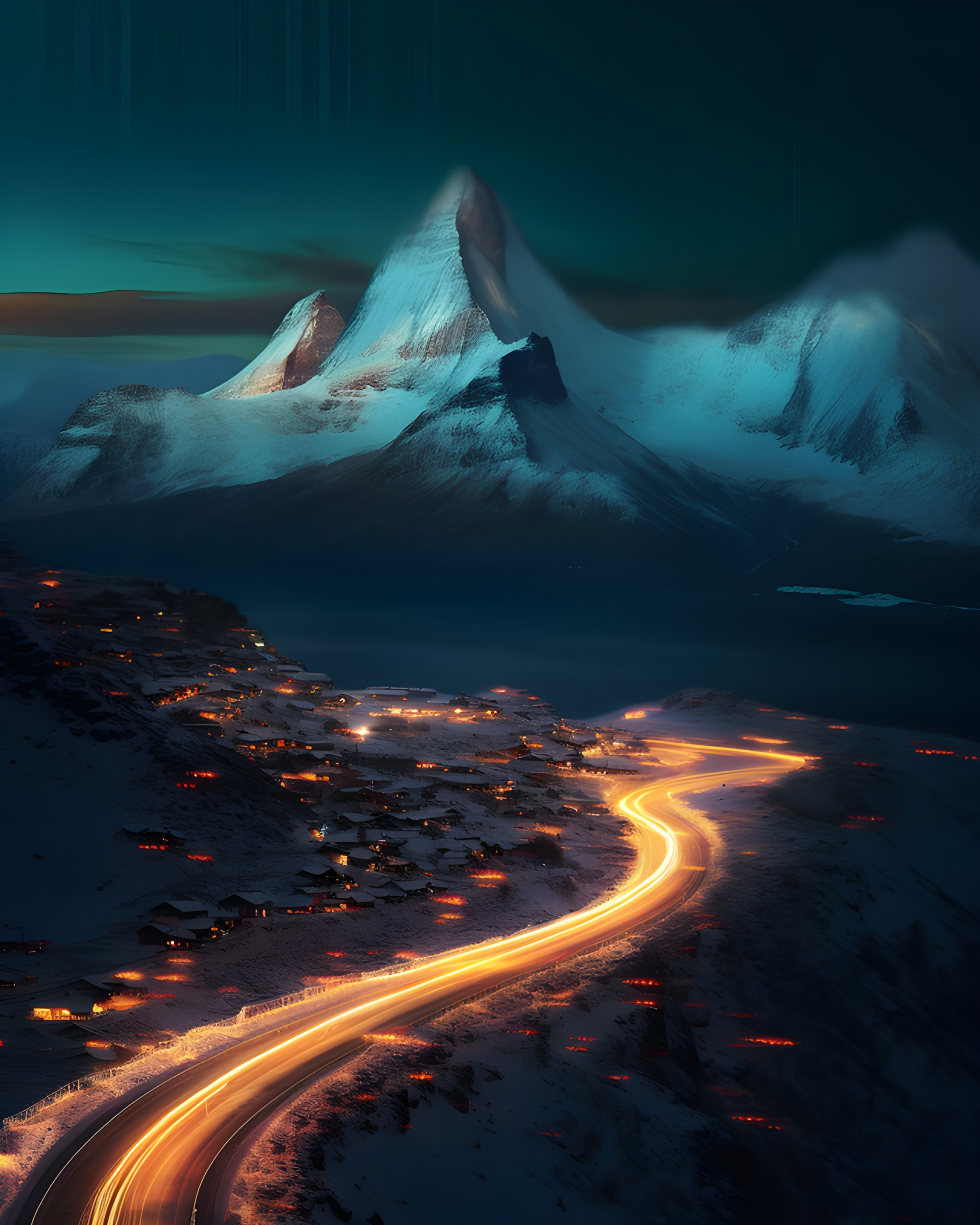 Light trails leading into a snowy mountain town