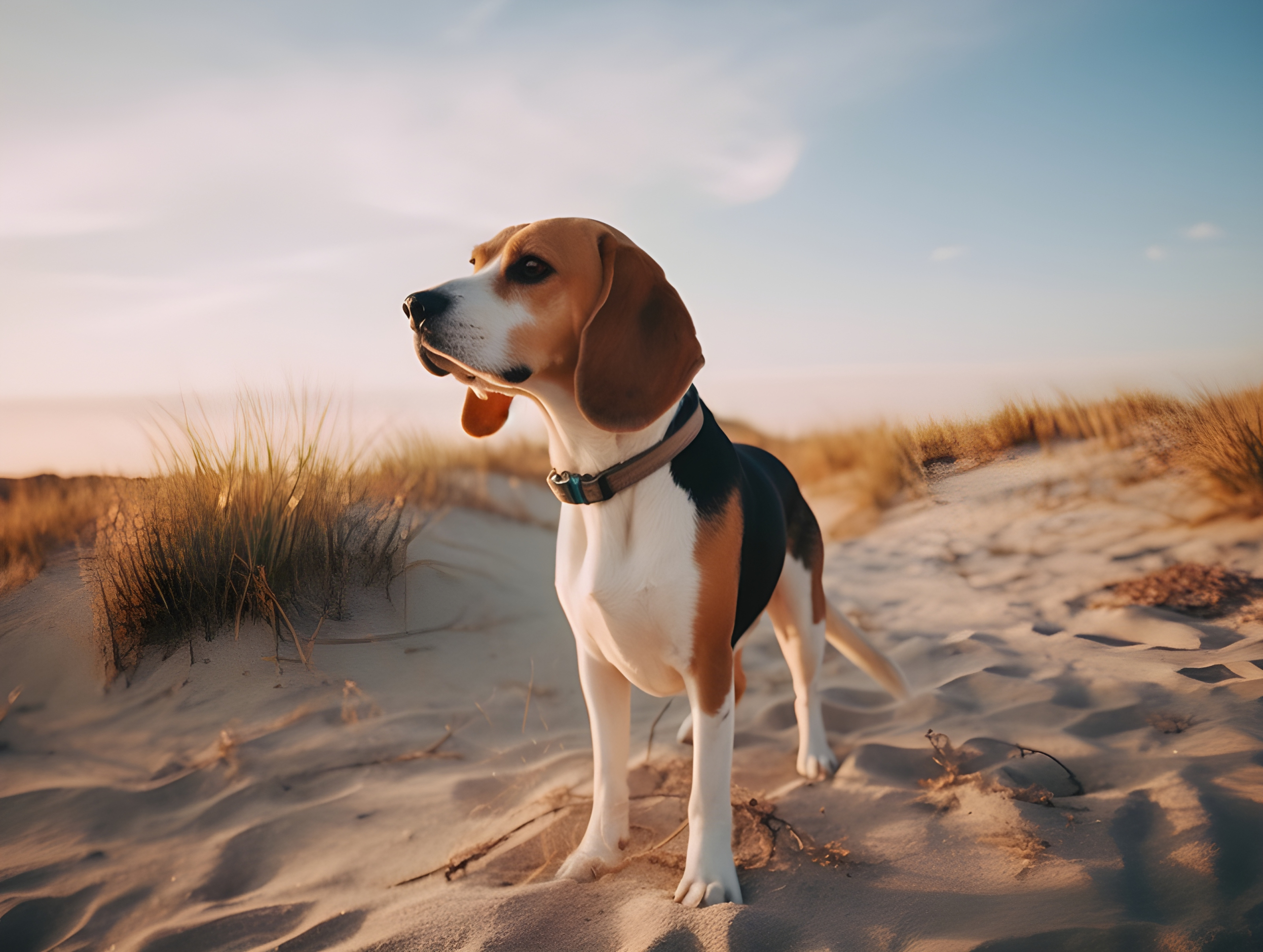 A beagle on a sandy patch of grass