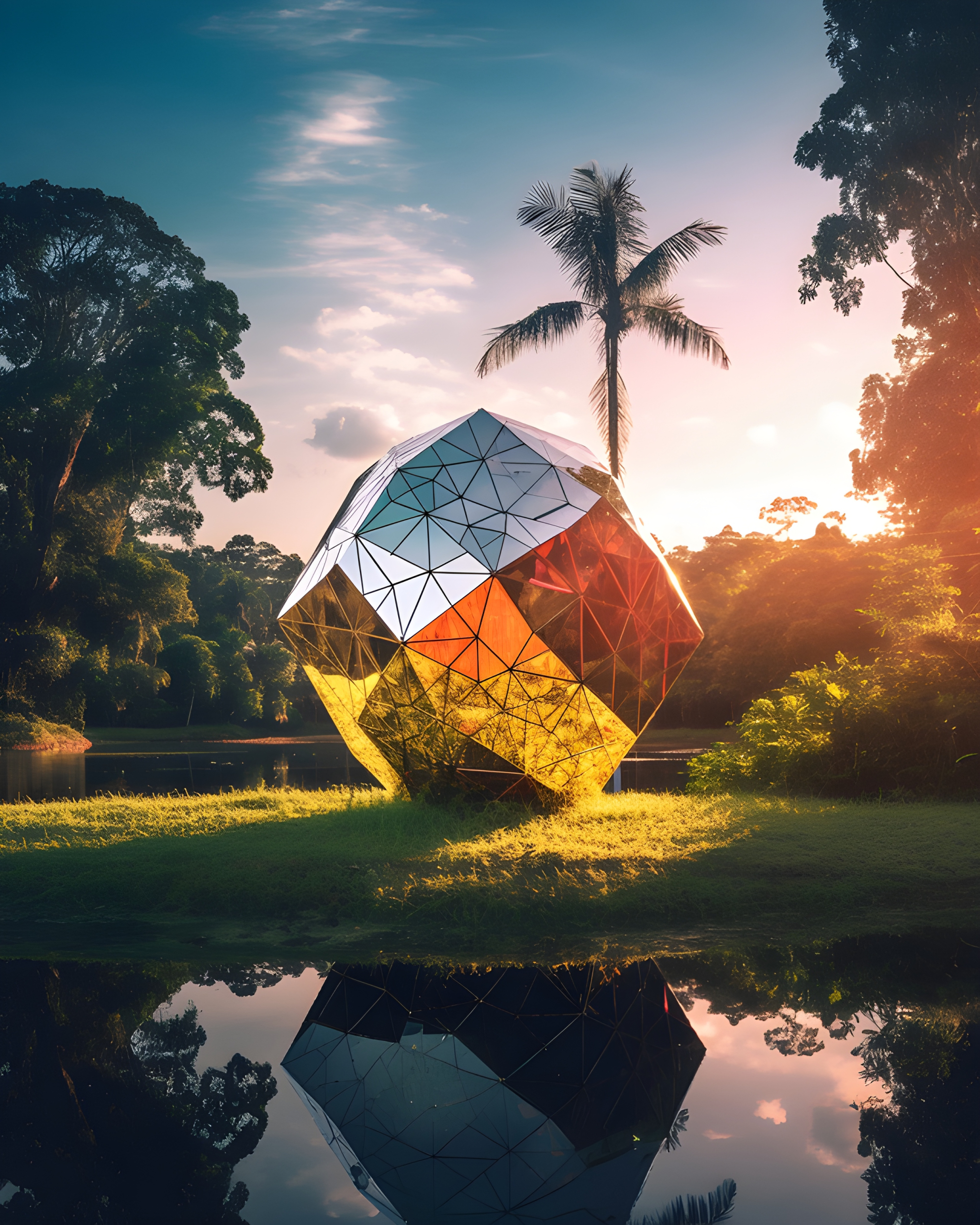 Geometric mirror in a lush green field in front of a lake
