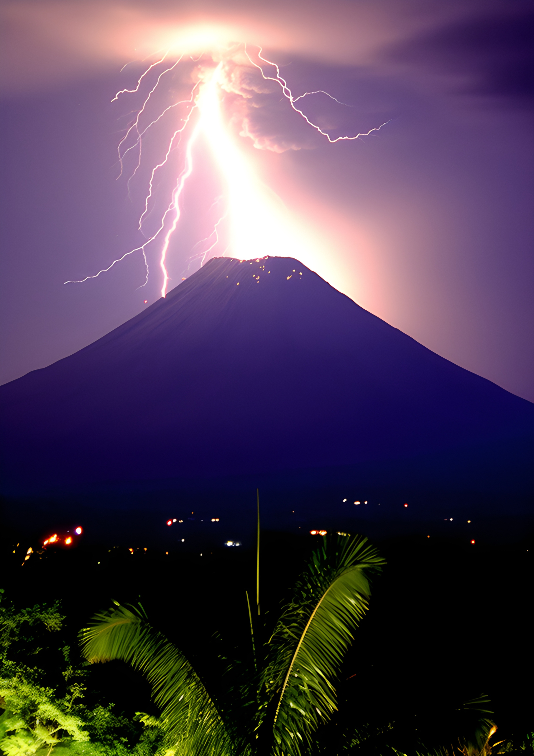 Volcano and Lightning at Night