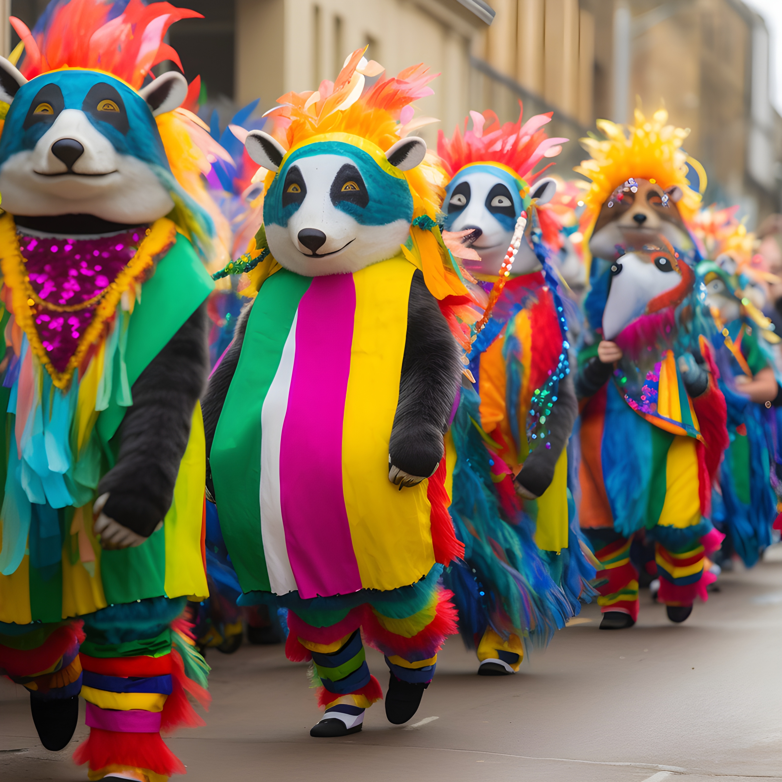 A parade of people dressed as badgers