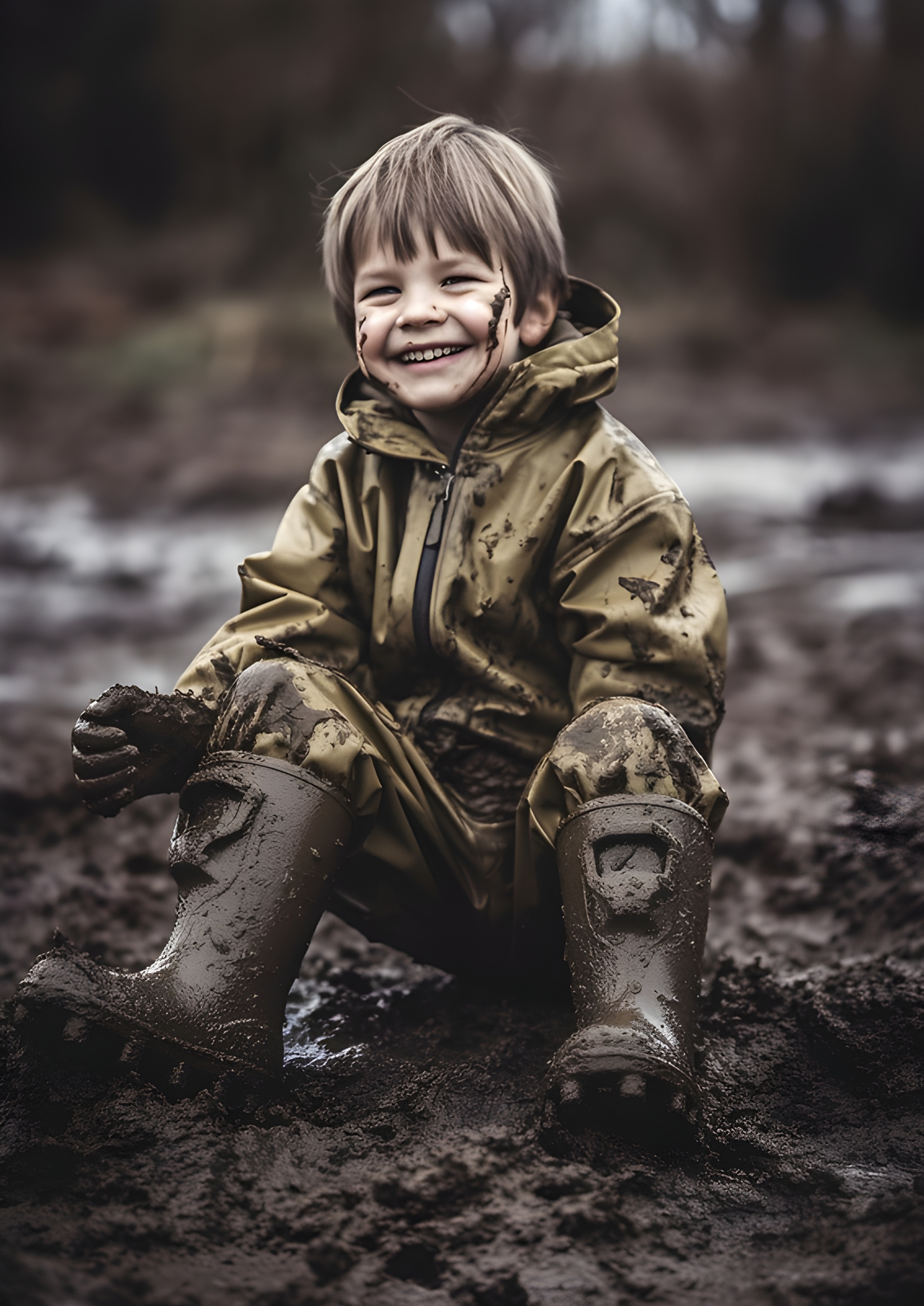 Happy boy wearing waterproof clothing sitting in mud