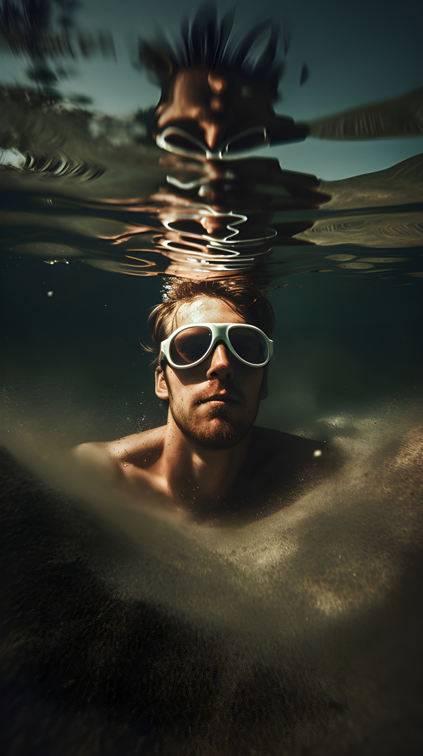 A man burried in sand underwater