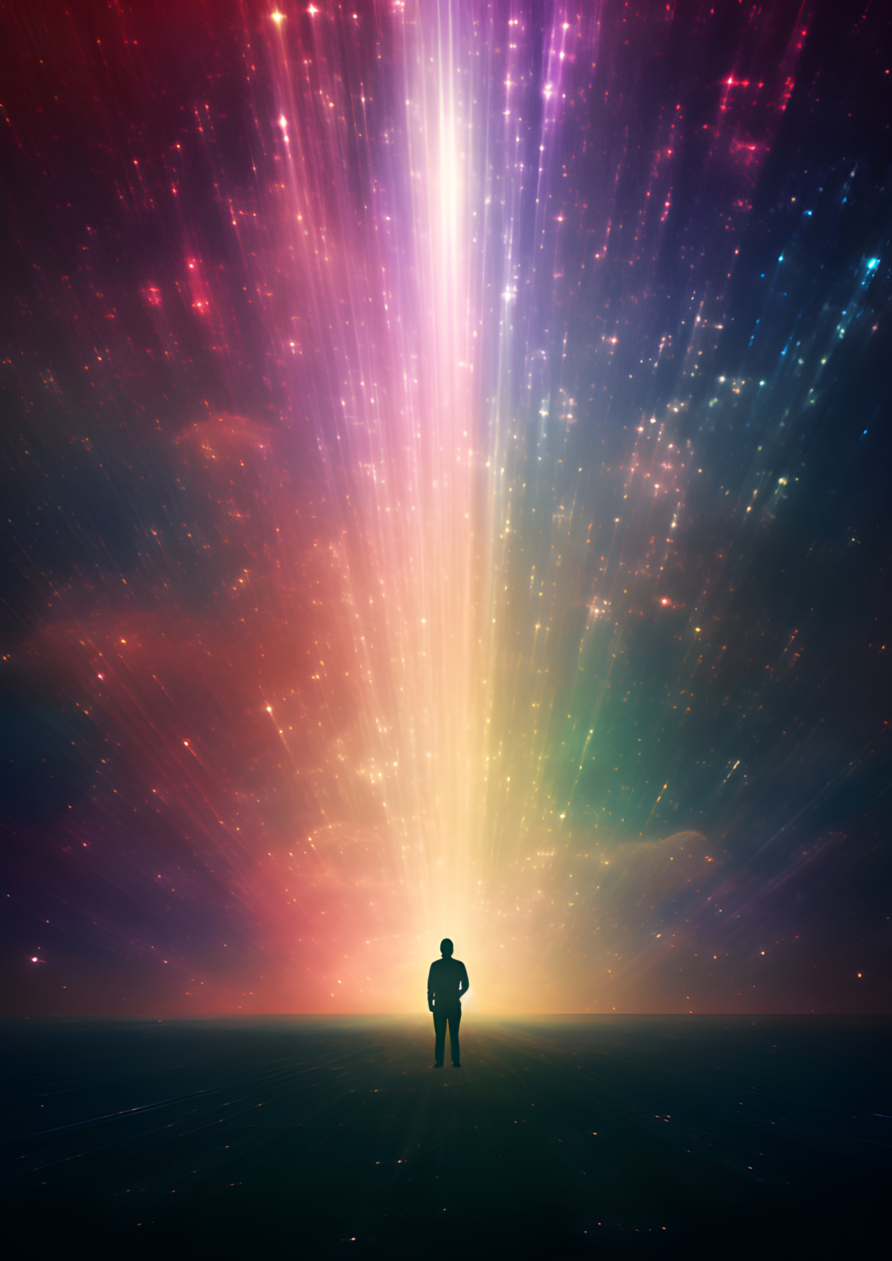 A figure silhouette against a rainbow of light