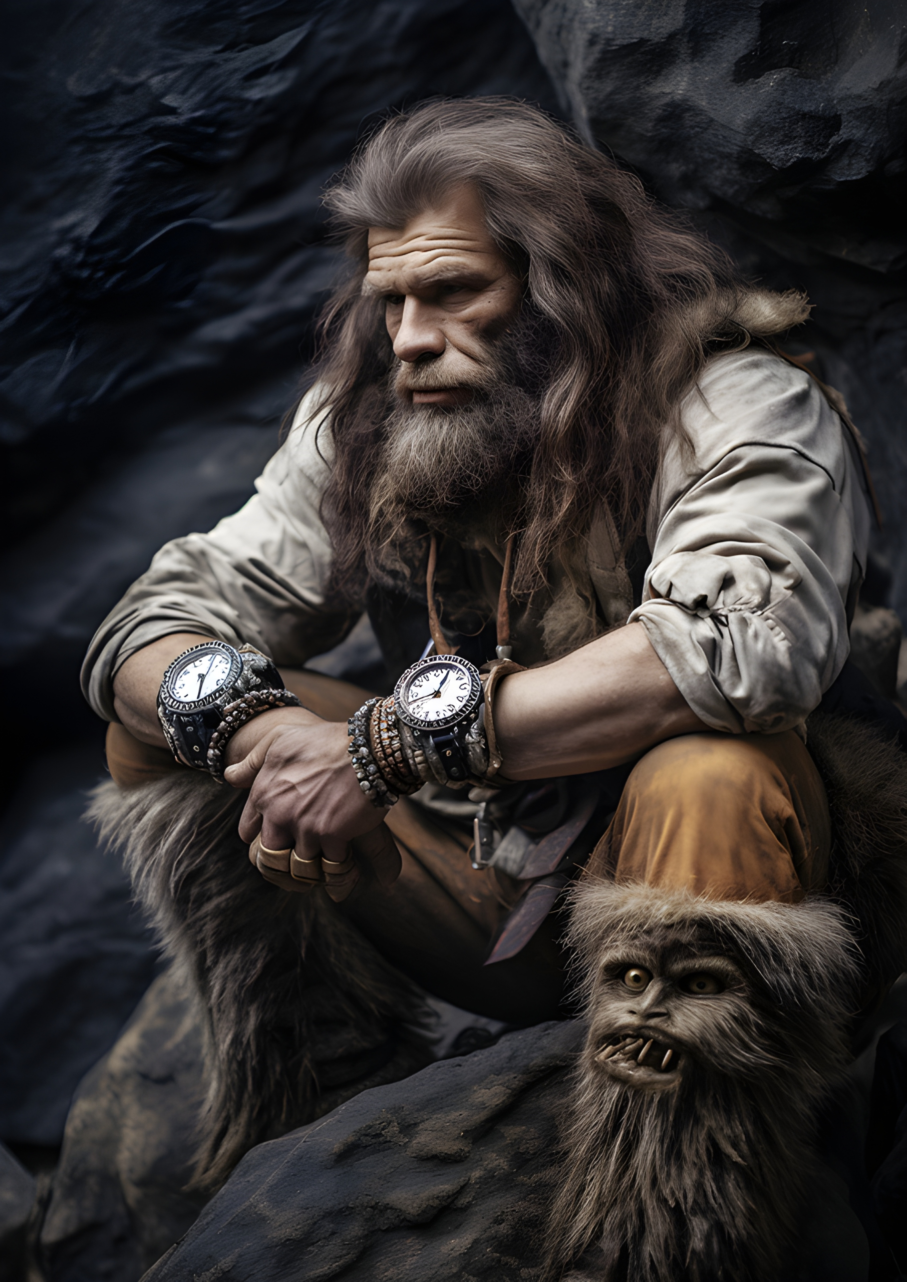 Thoughtful Stone Age man wearing watches