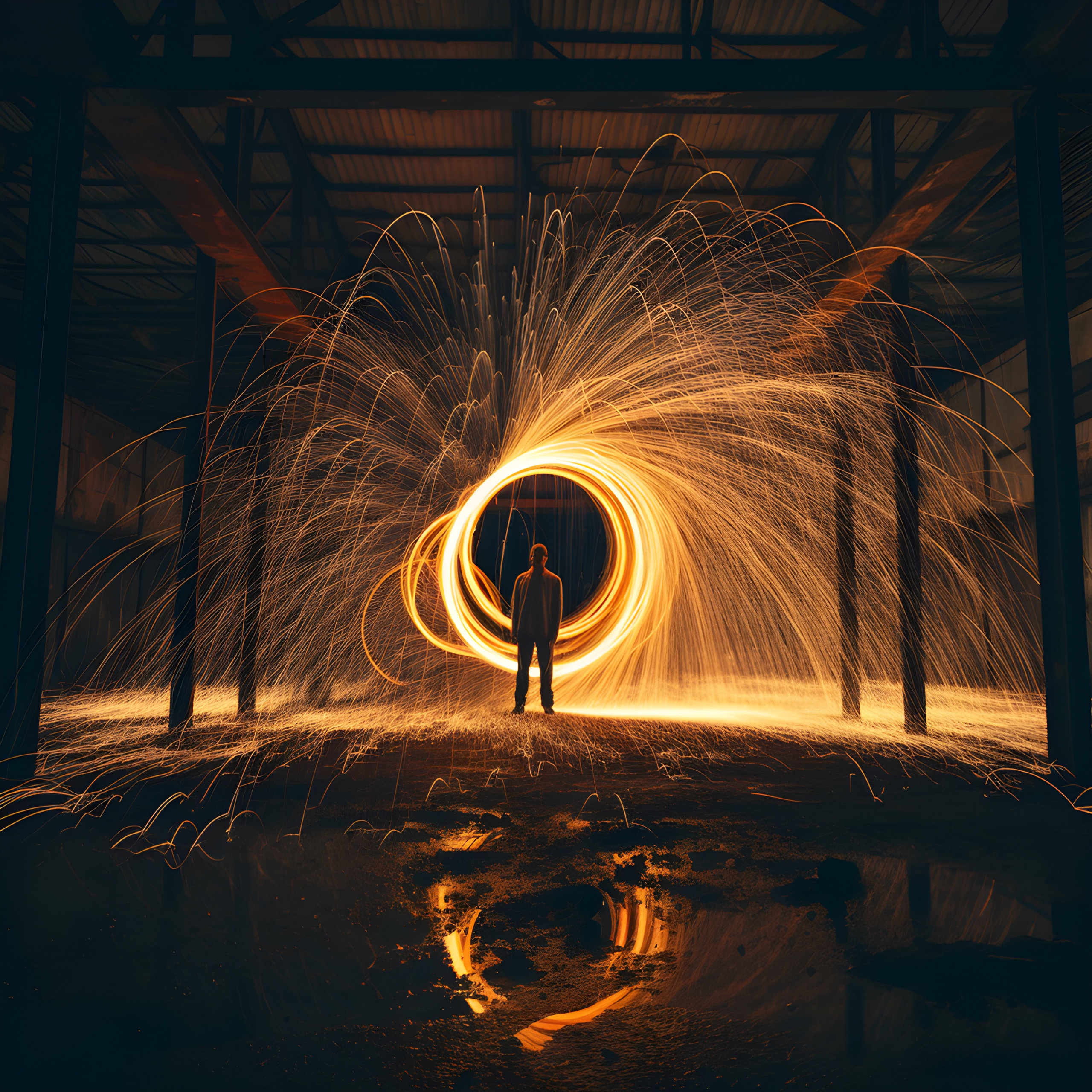 Circle of sparks with a man stood in the centre