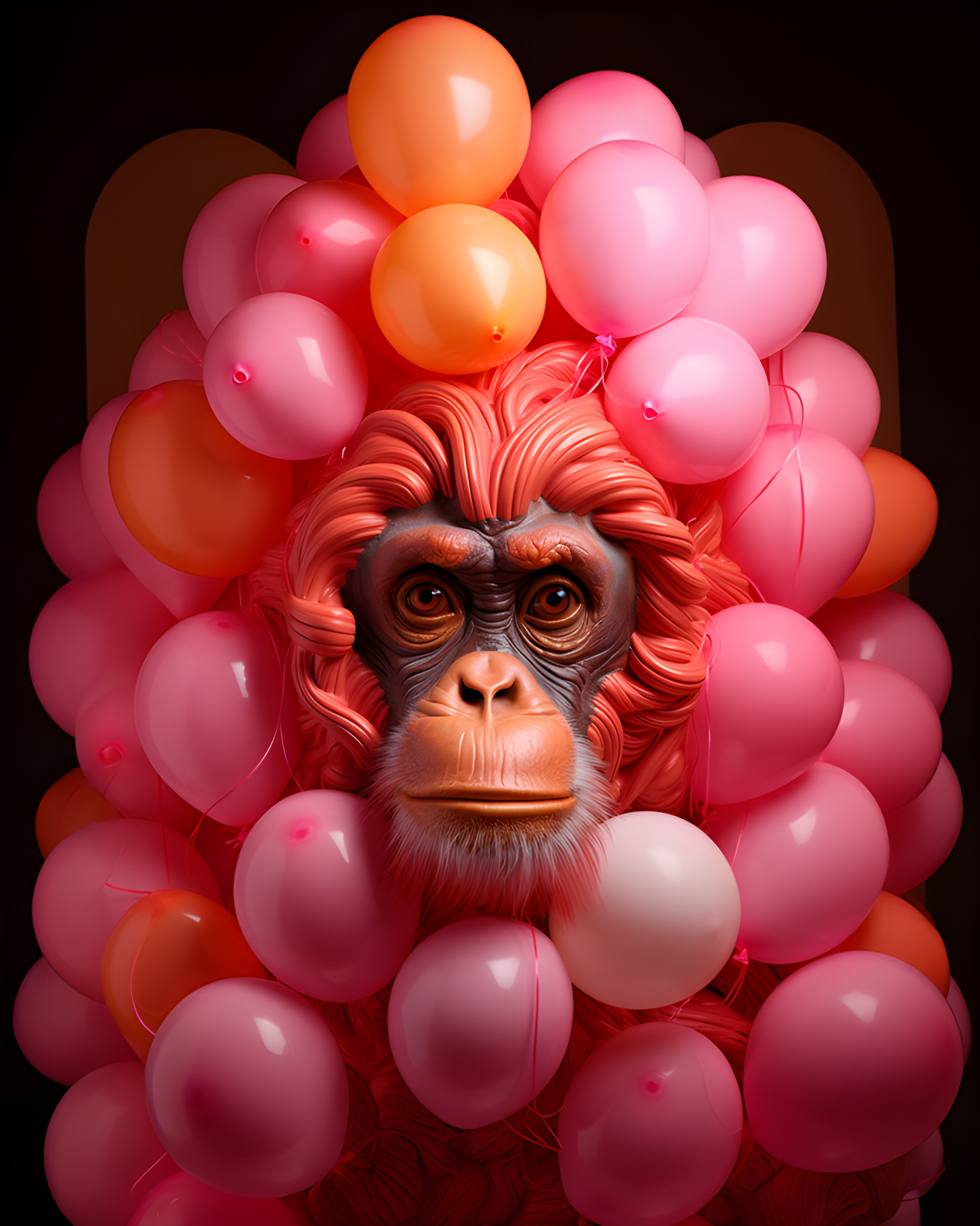Monkey portrait within a cluster of balloons