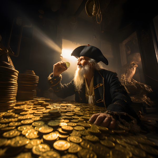 Pirate Captain Surrounded by Gold - Impossible Images - Unique stock