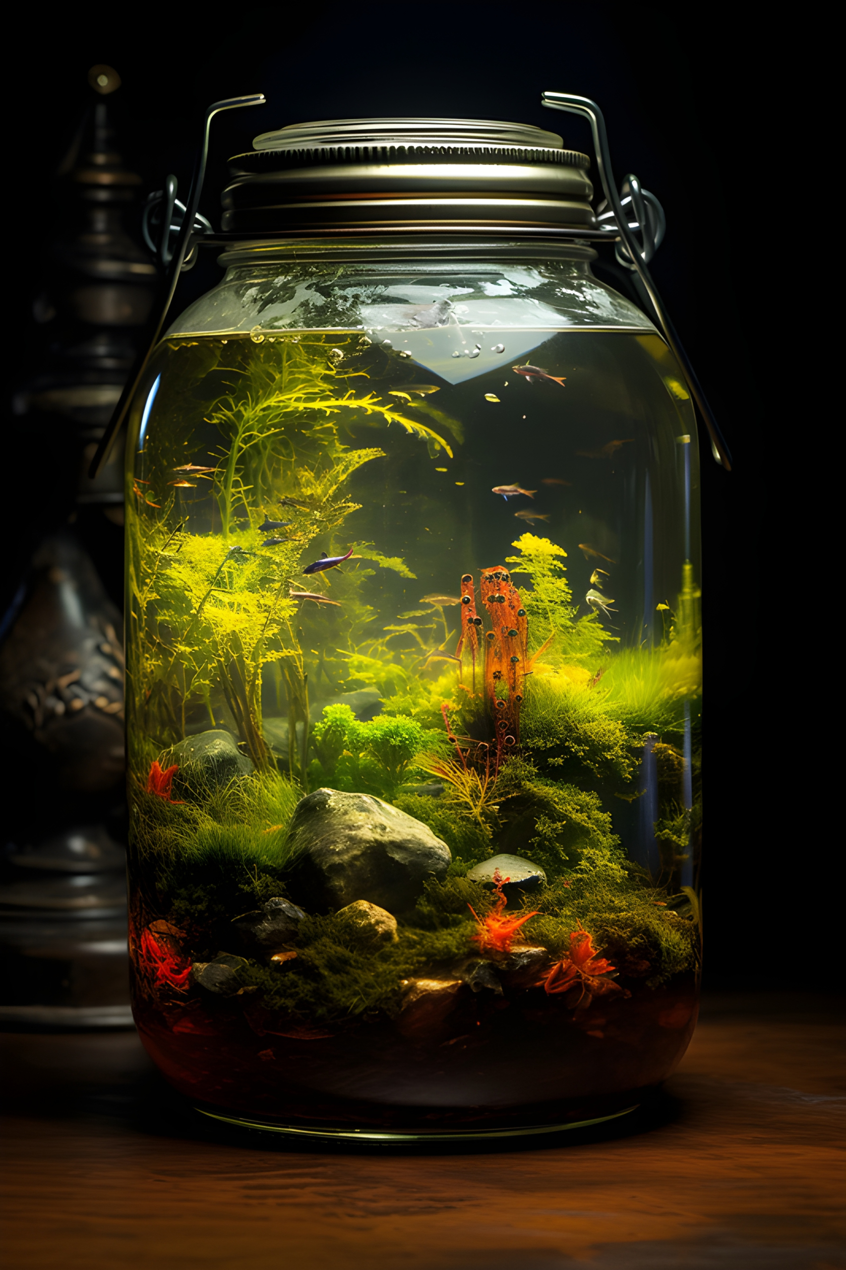 Underwater plants in a mason jar