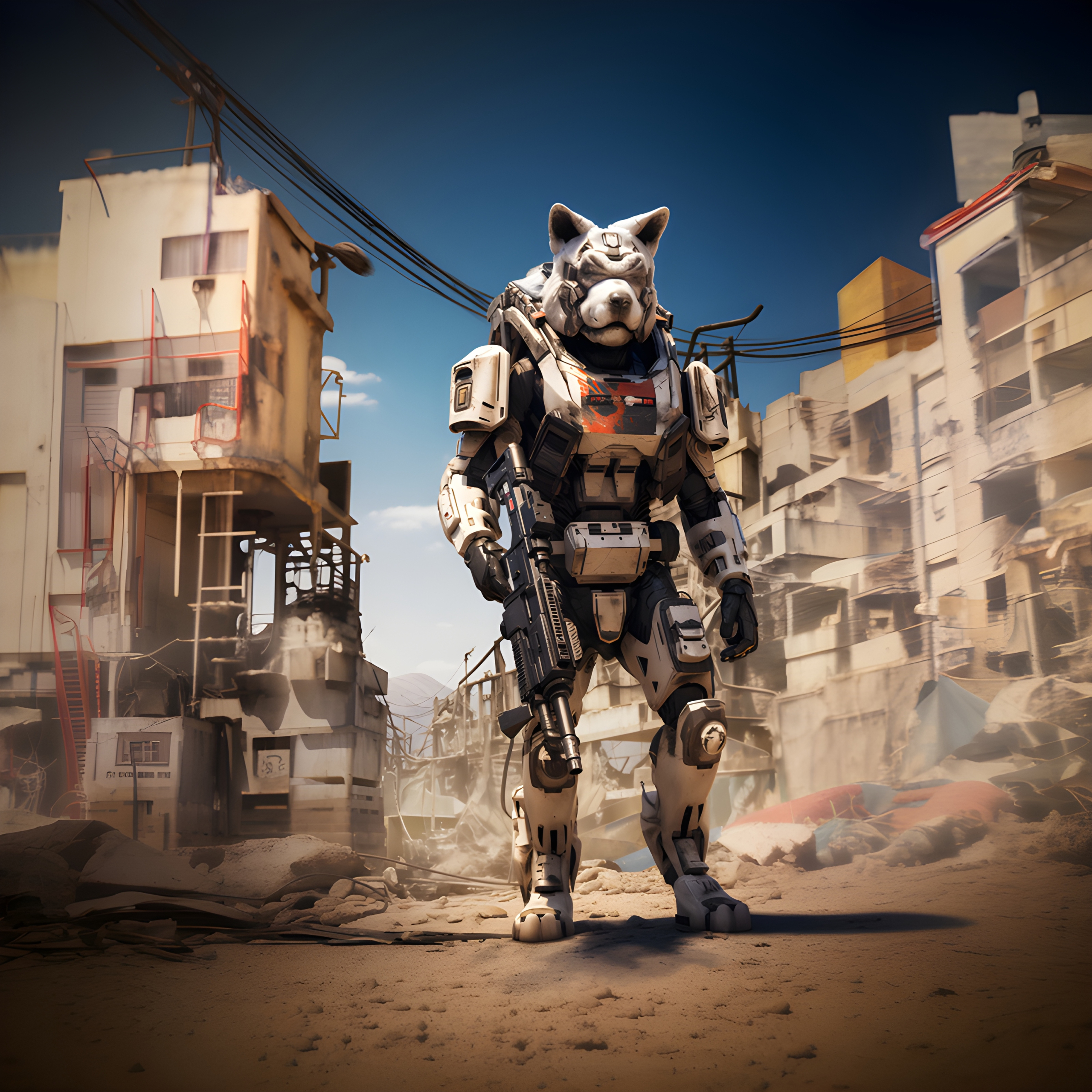 Humanoid canine science fiction trooper in technological battle armour