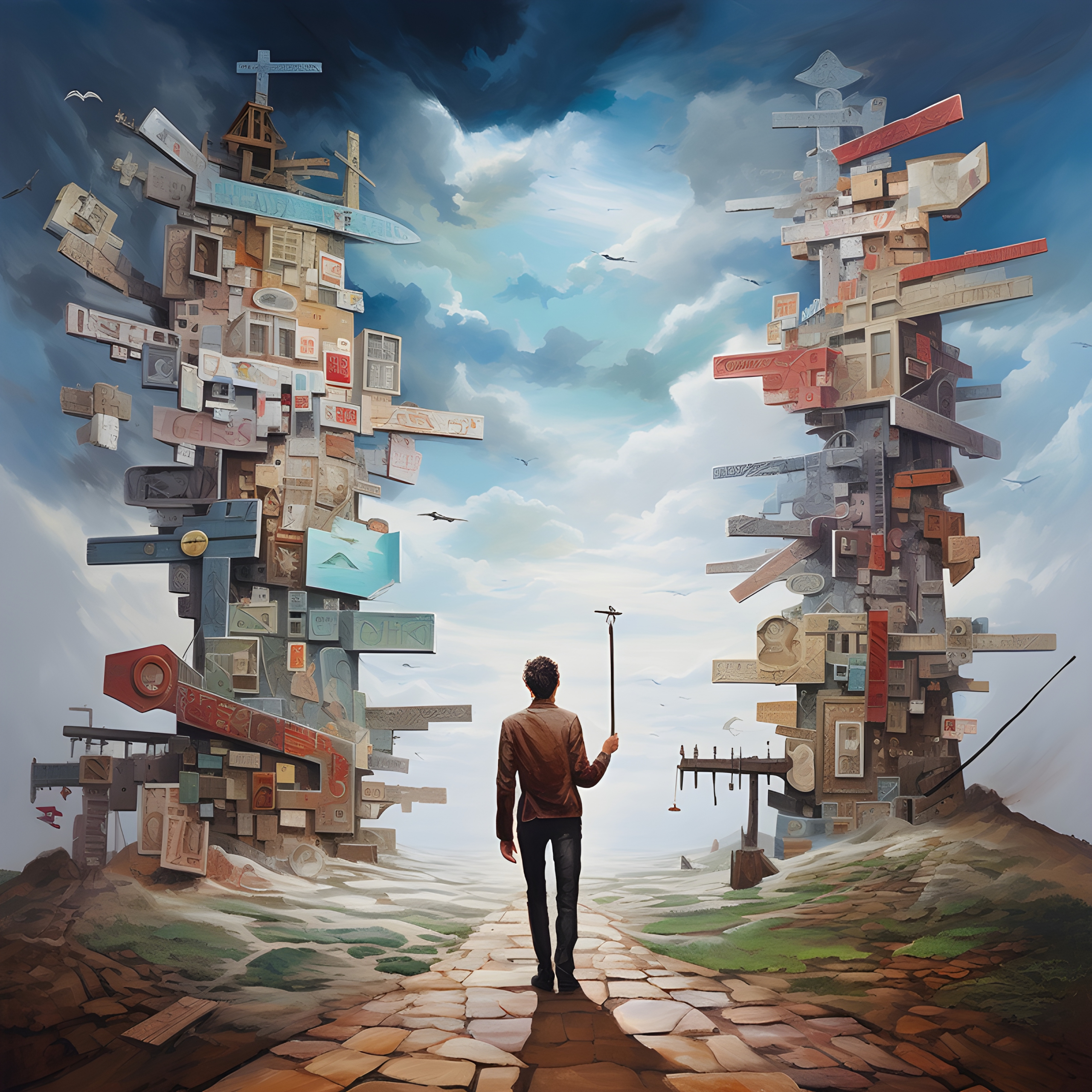 Person surrounded by signposts – decision concept