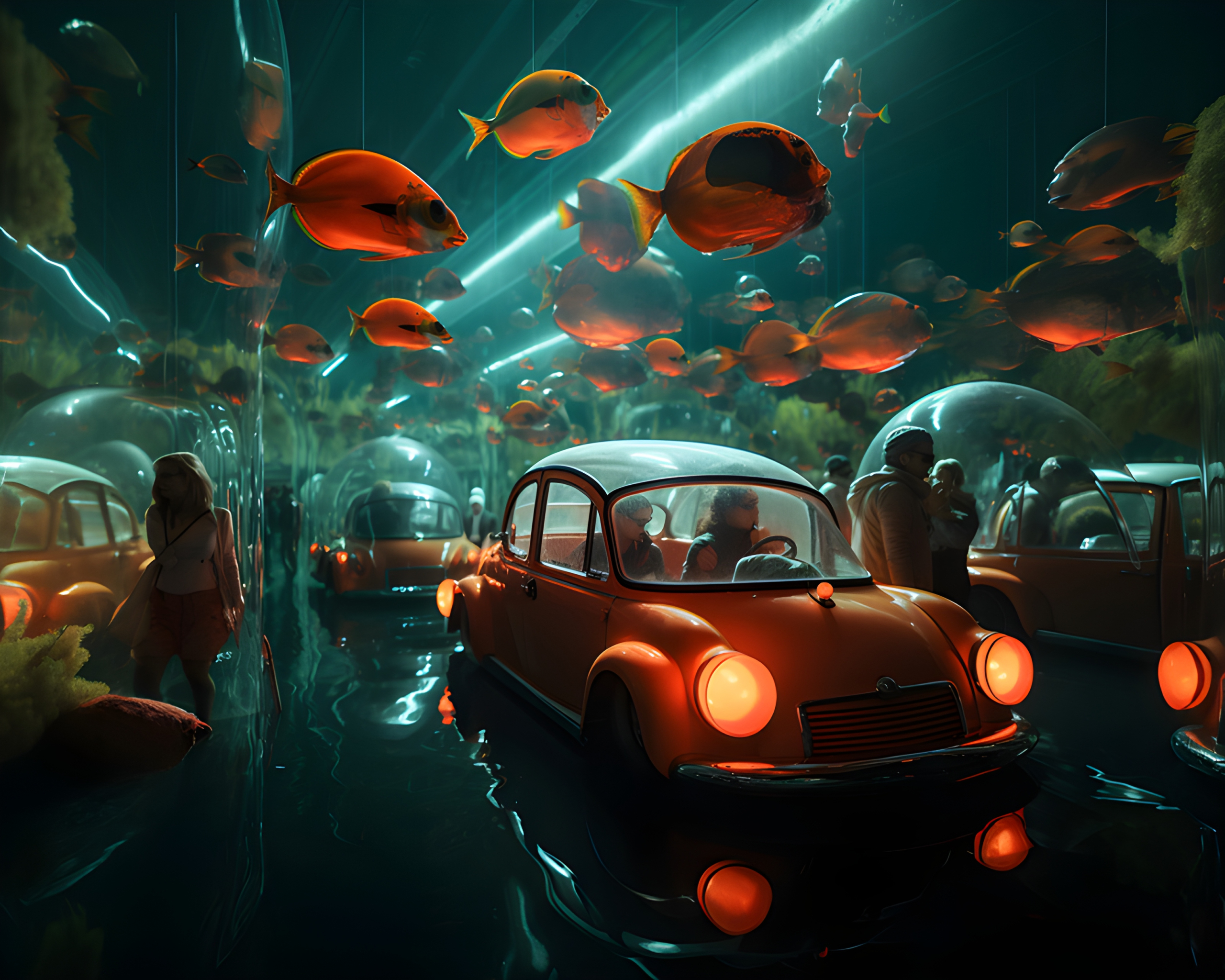 An underwater retro car show