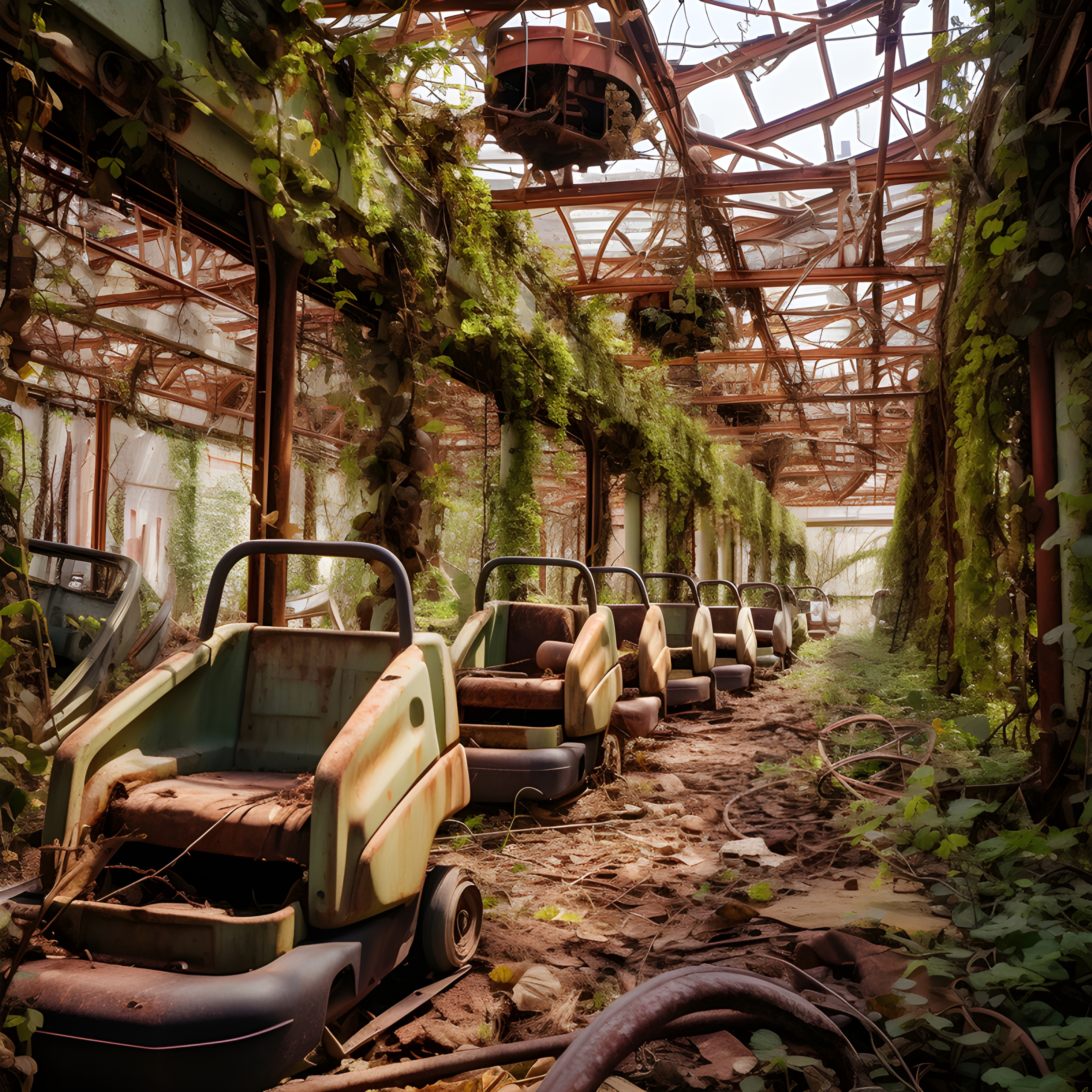 A rusty abandoned theme park ride
