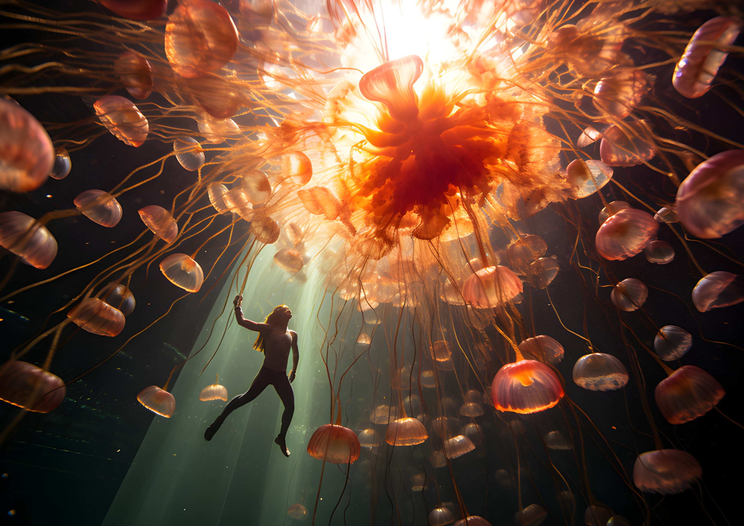 Diver surrounded by jellyfish