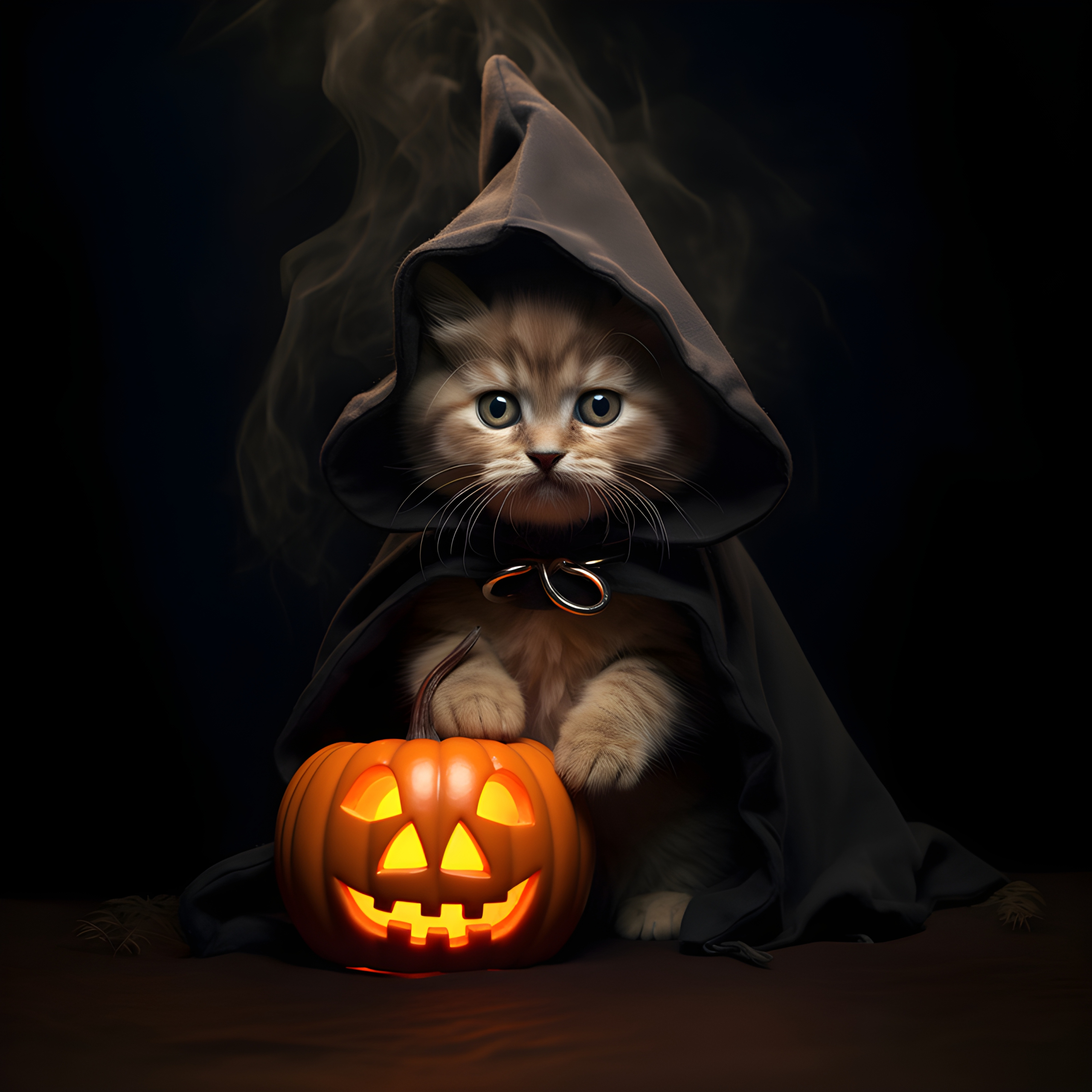 Halloween kitten with glowing pumpkin