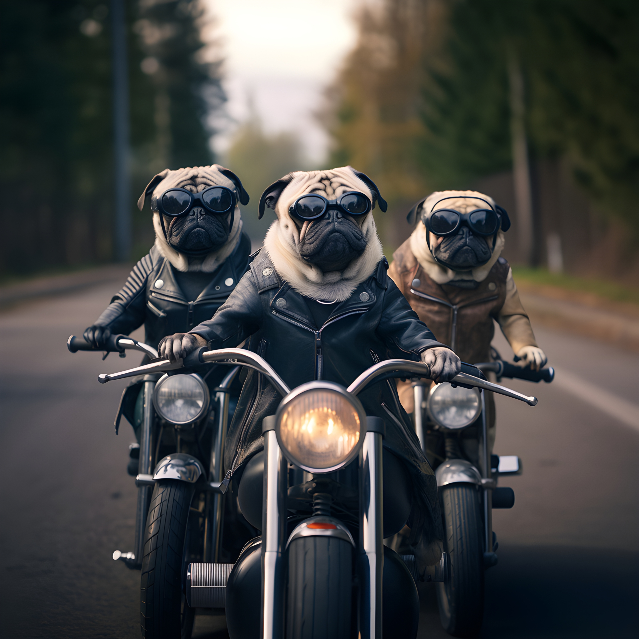 Three pugs in leathers riding motorcycles