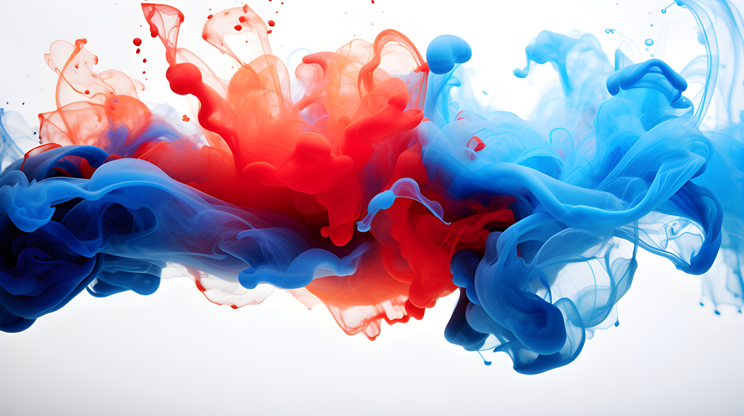 Blue and red smoke swirls on white background