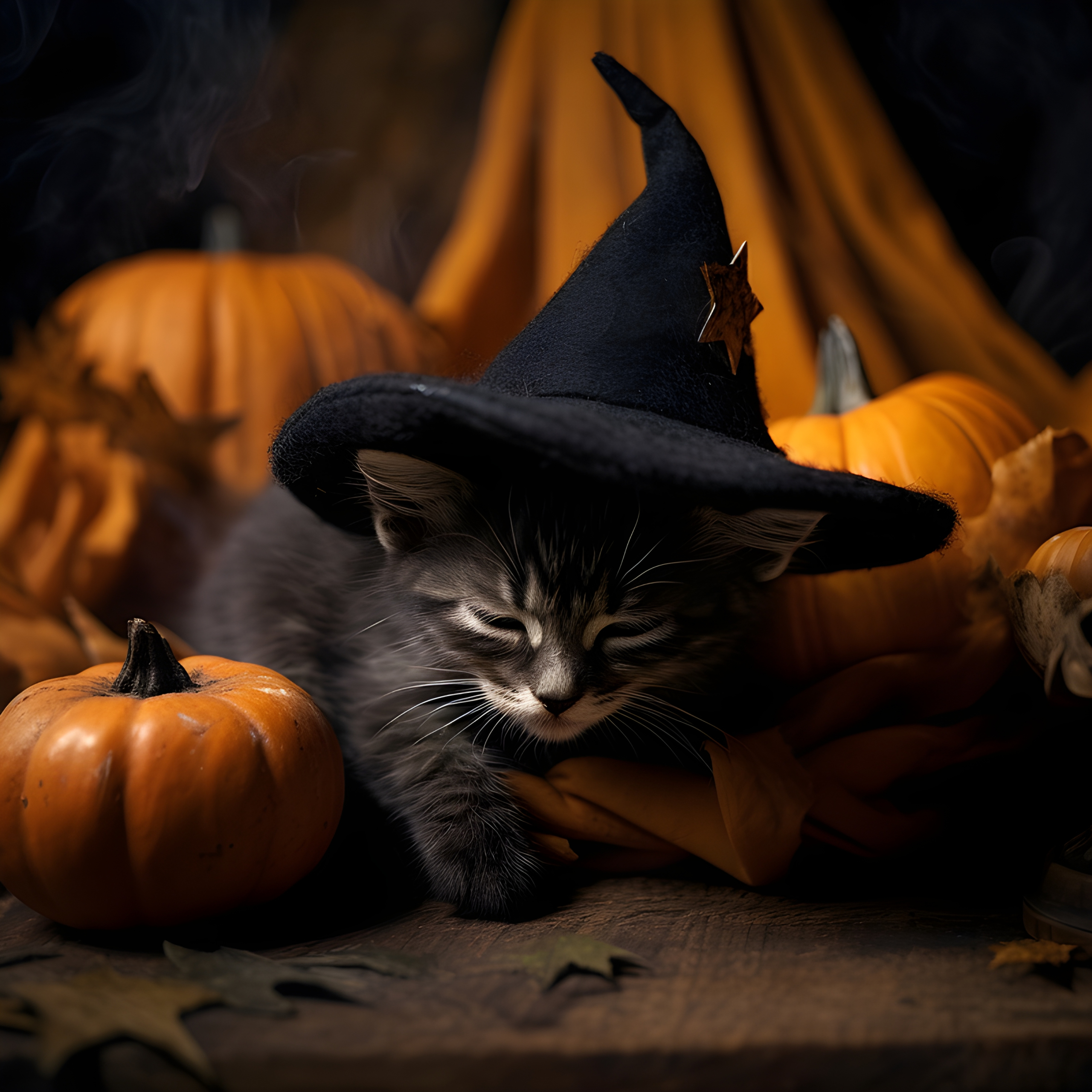 Halloween kitten asleep on pumpkins