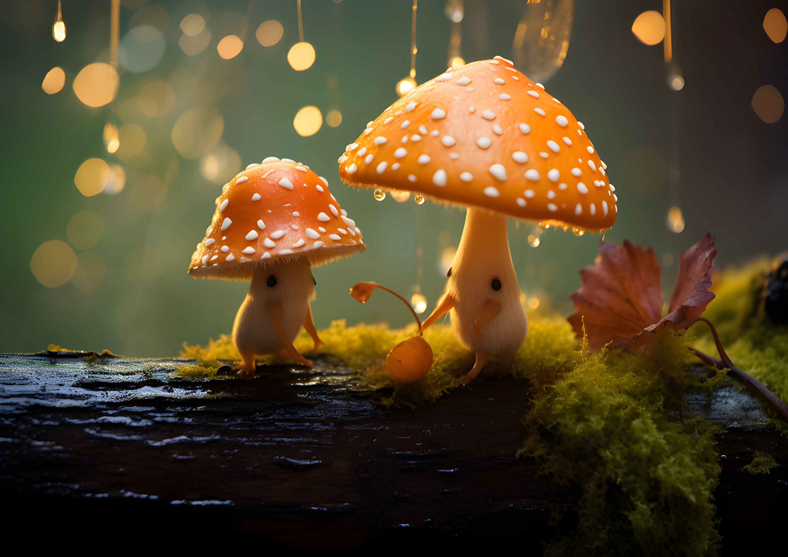 Two mushrooms discussing a small object they have found on a log