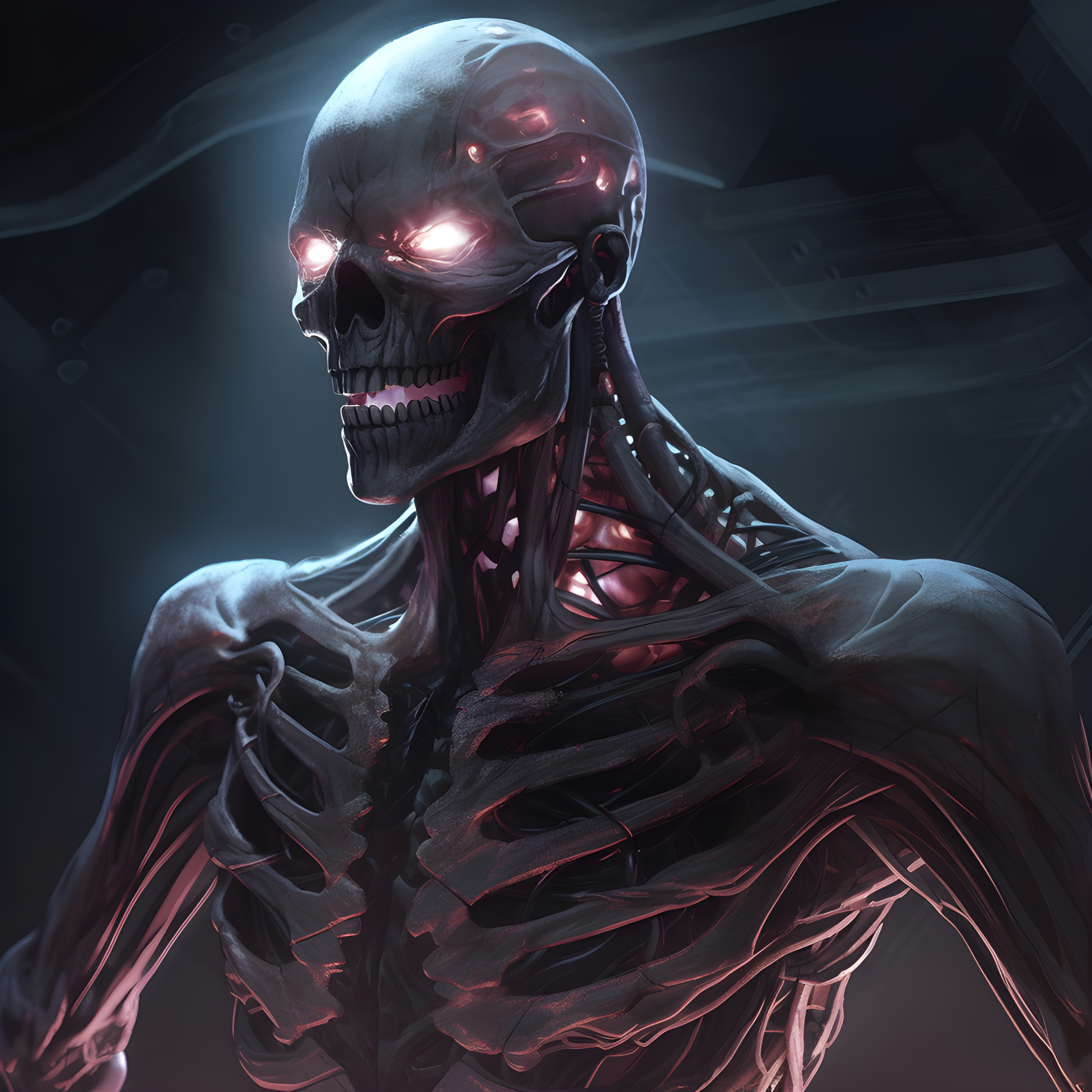 Skeletal zombie cyborg with glowing eyes