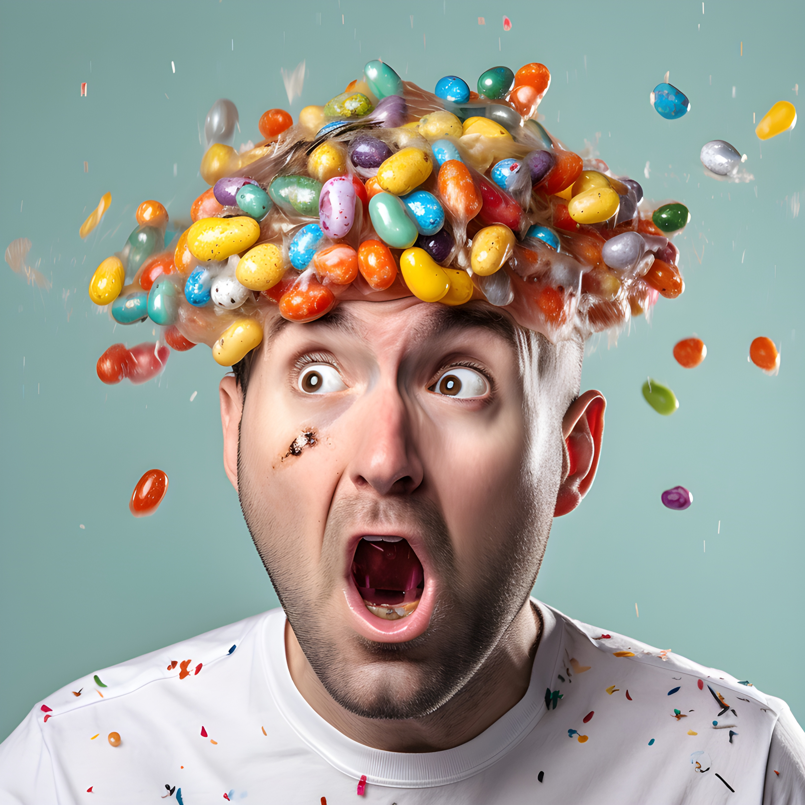 Man with an explosion of jelly beans in his hair