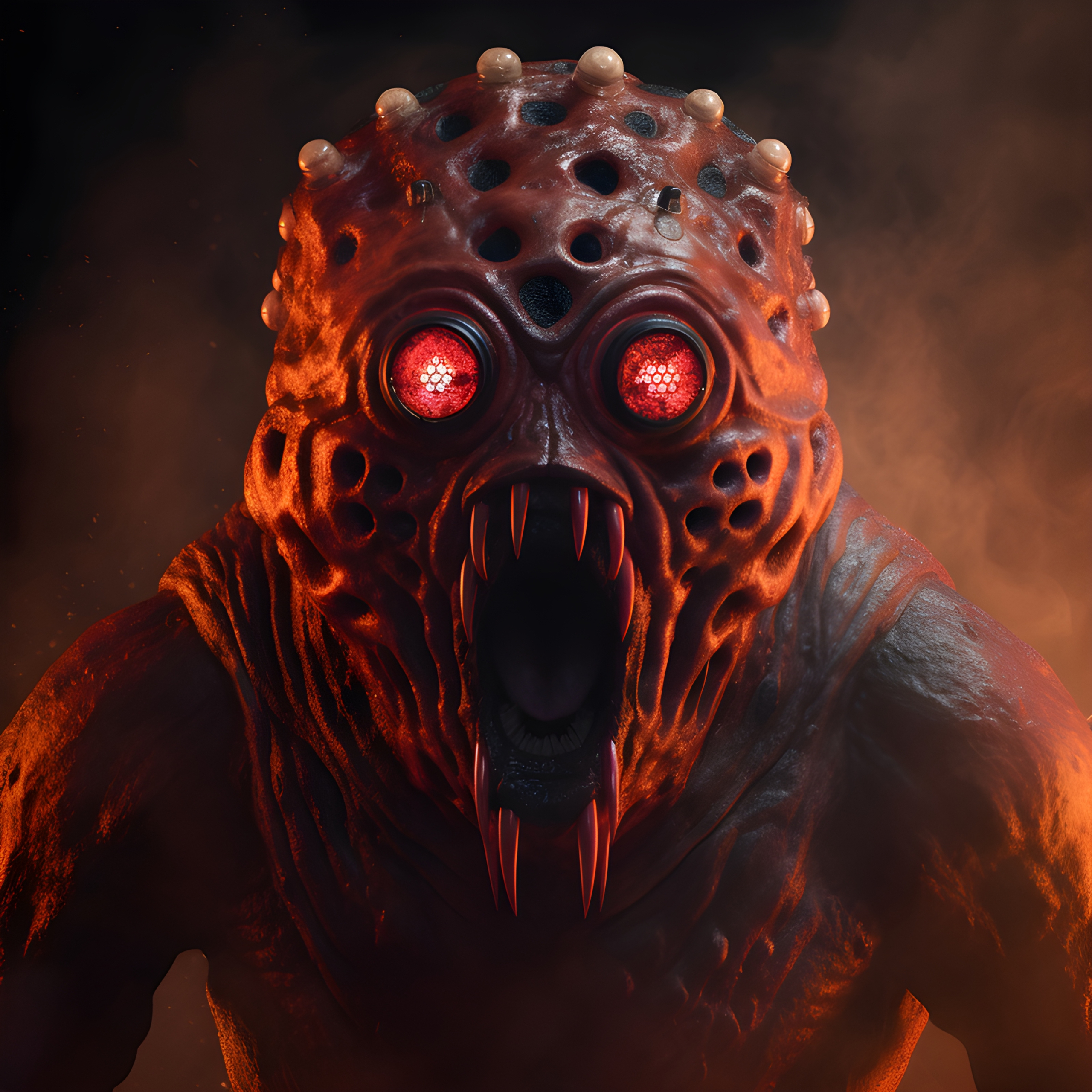 Horrifying slimy red alien monster with fangs and glowing red eyes