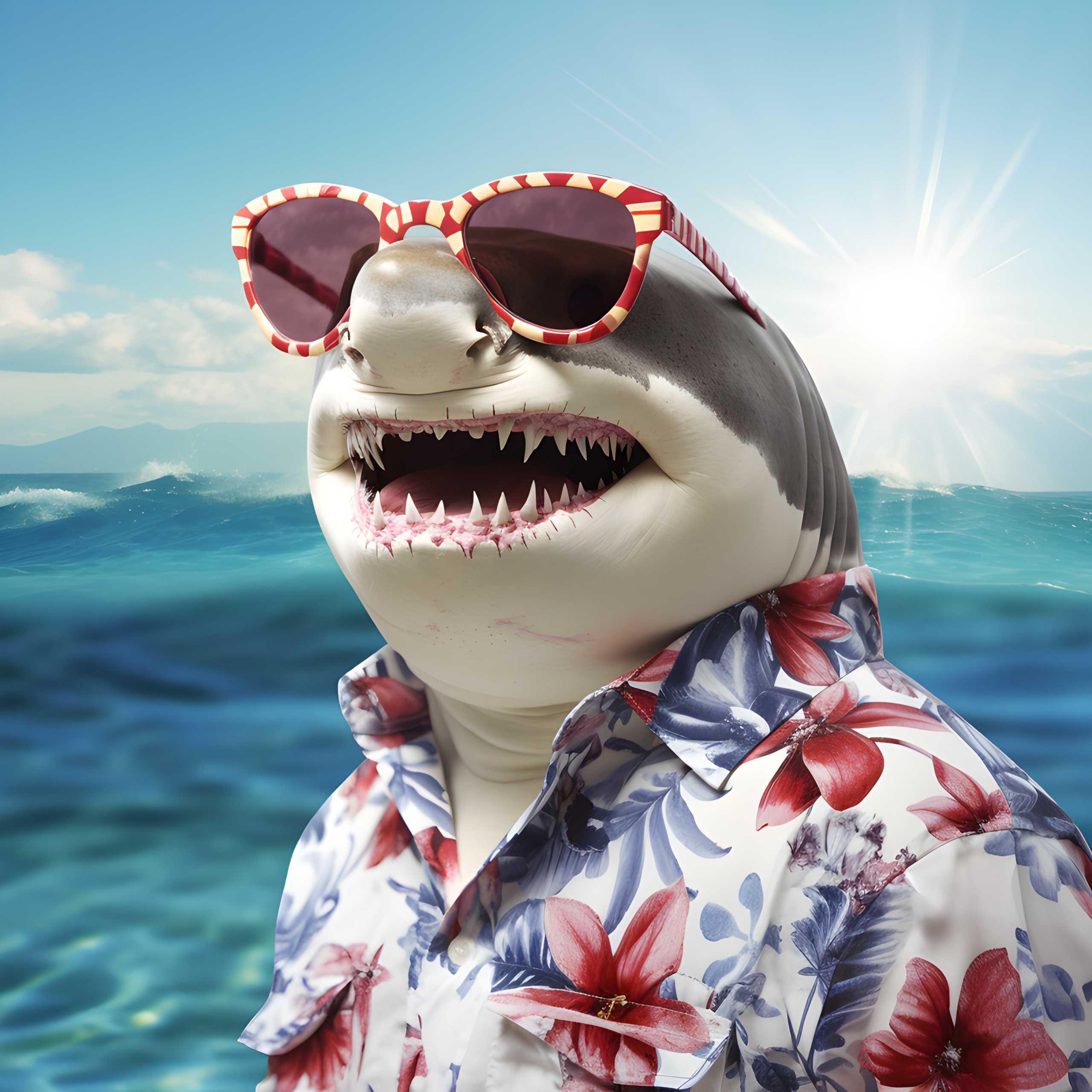 Great White shark wearing sunglasses and a Hawaiian shirt