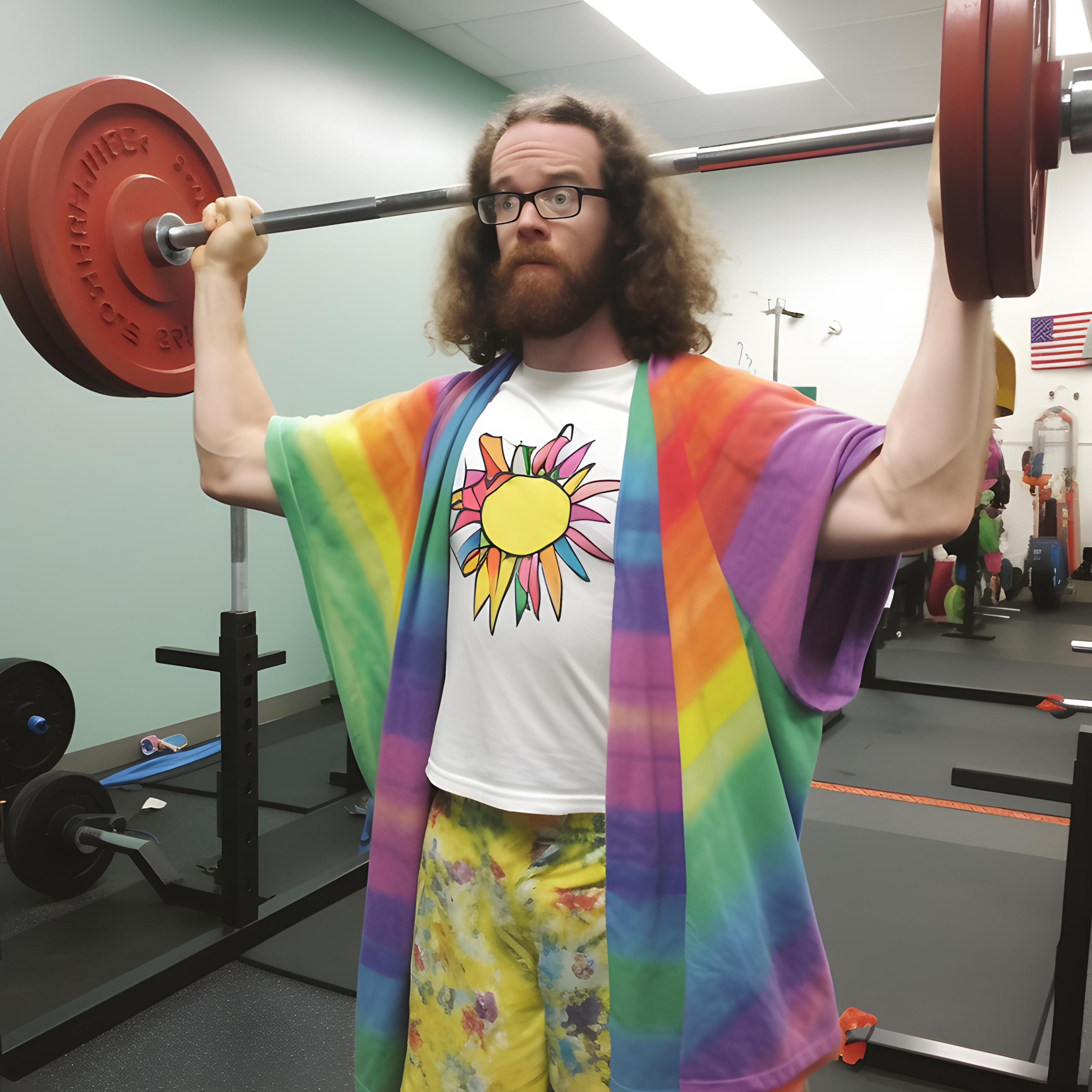 Colourfully dressed hippie lifting weights at the gym