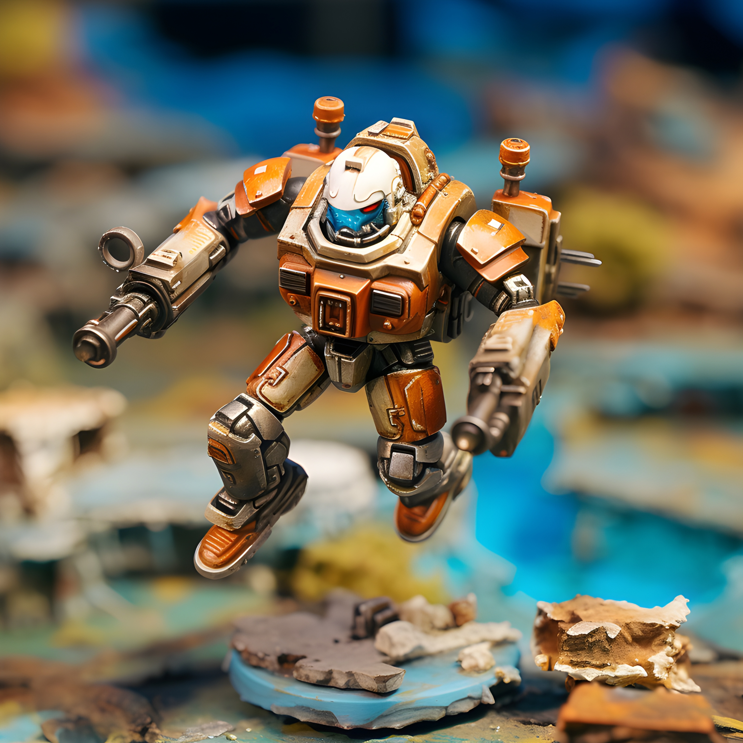 Detailed painted war game miniature of an astronaut flying with a jet pack