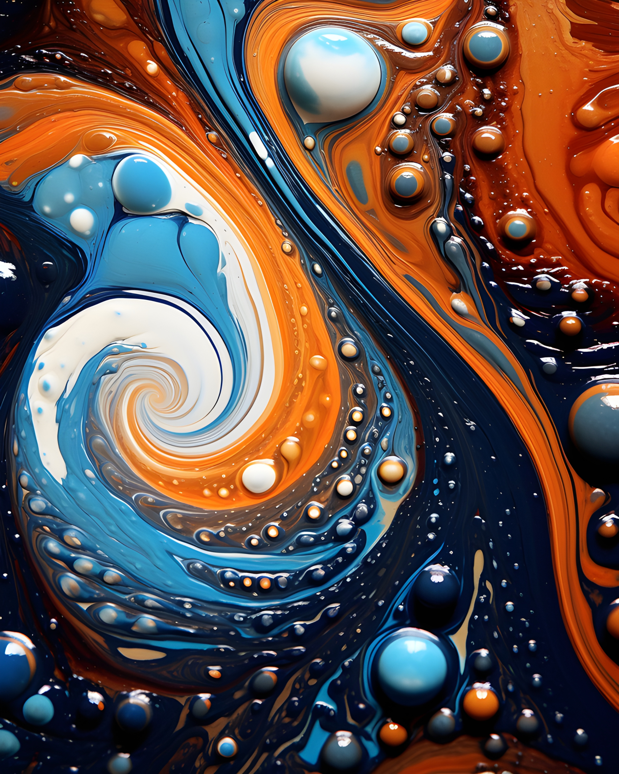 White, blue, orange and dark blue paint mixing