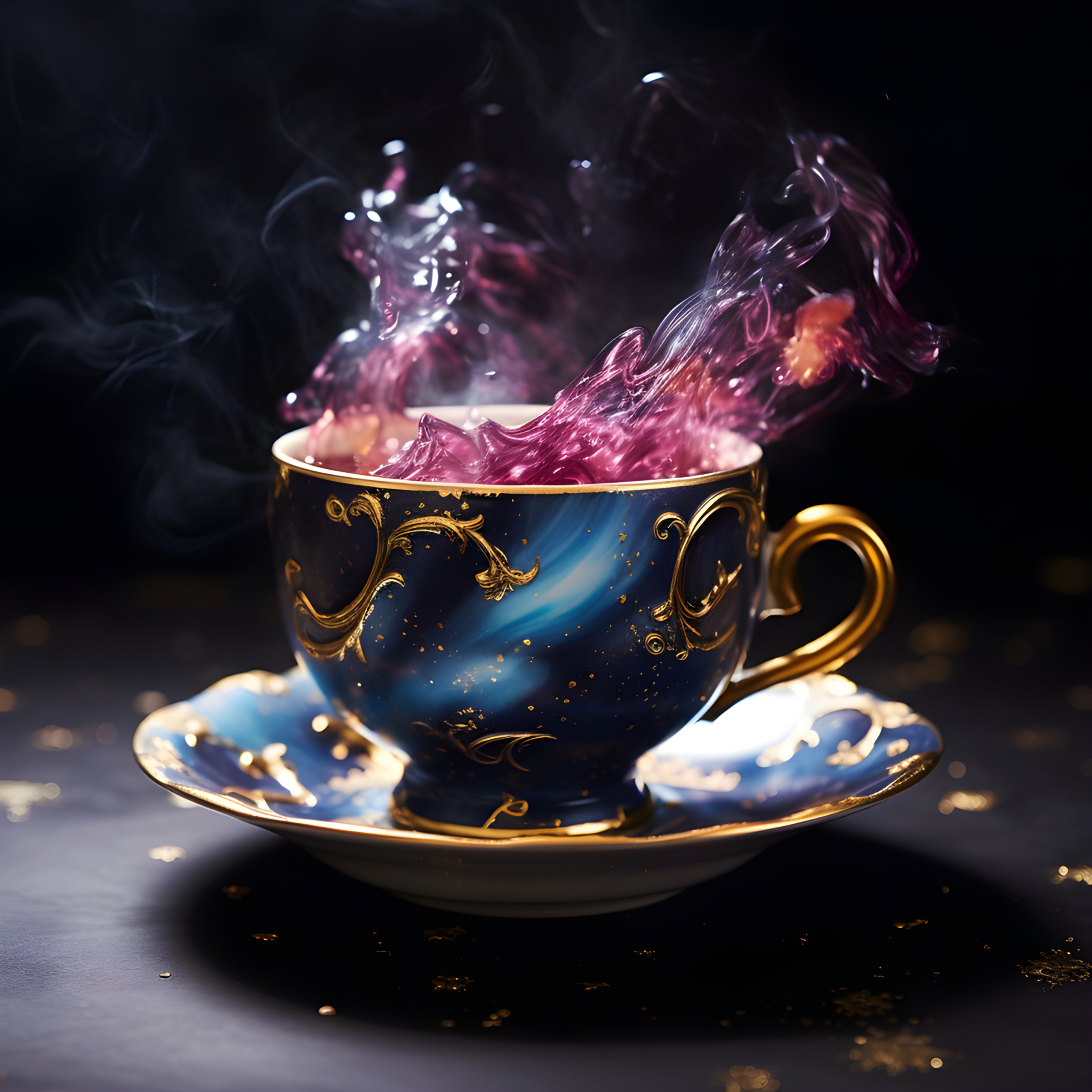 Gold teacup filled with glowing purple liquid