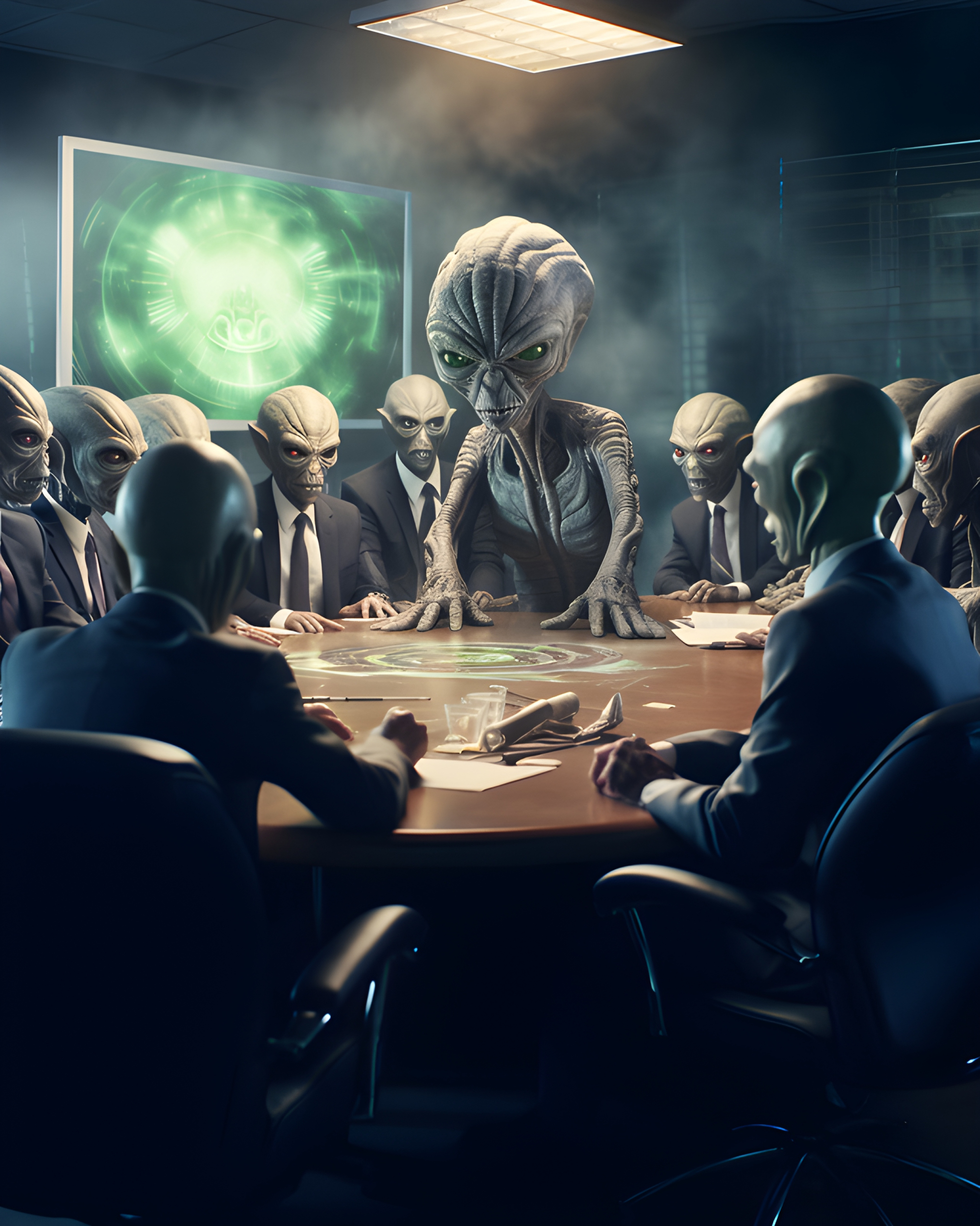 Alien invasion boardroom meeting