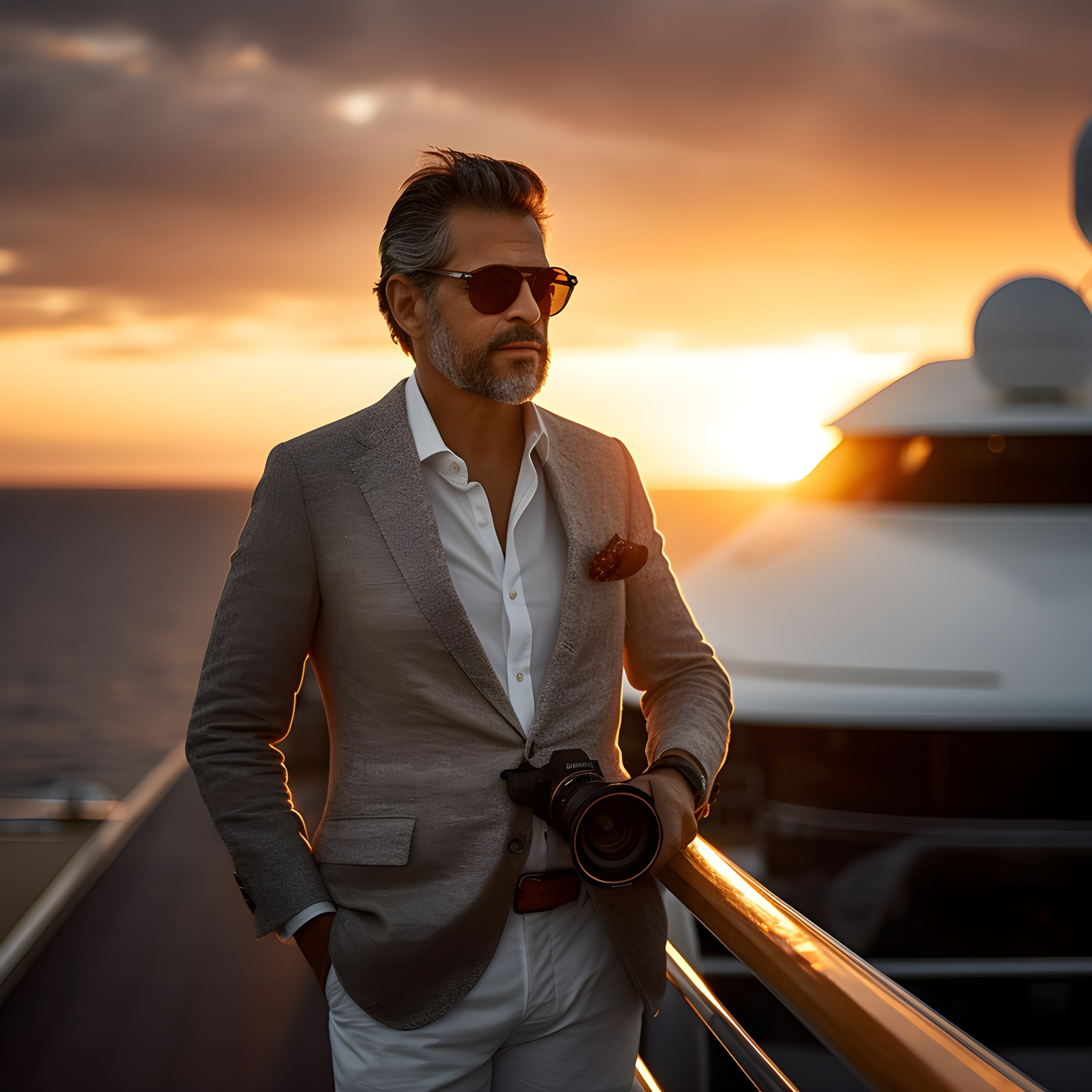 Middle aged yacht owner with camera