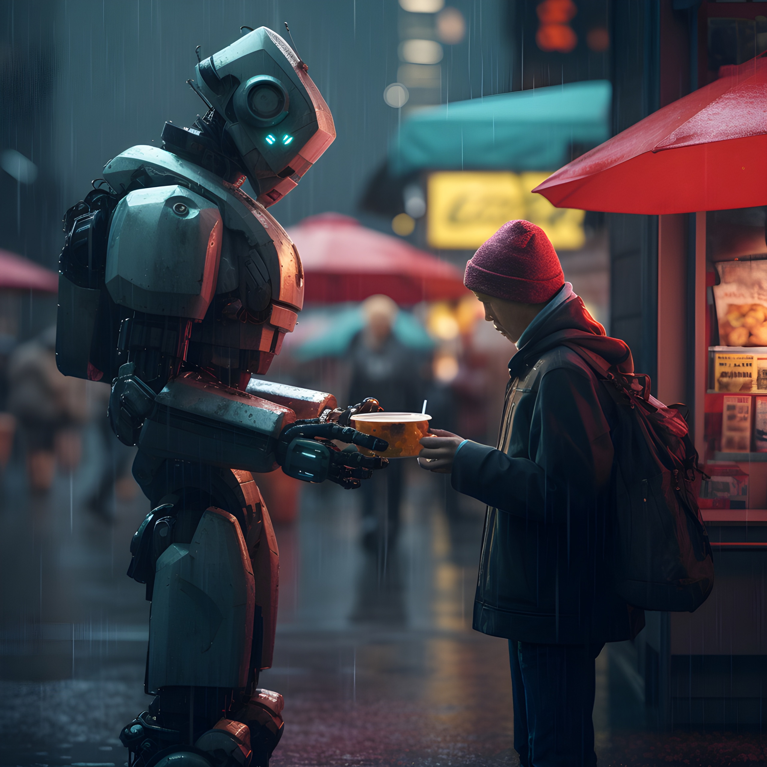 A charitable robot handing out bowls of soup