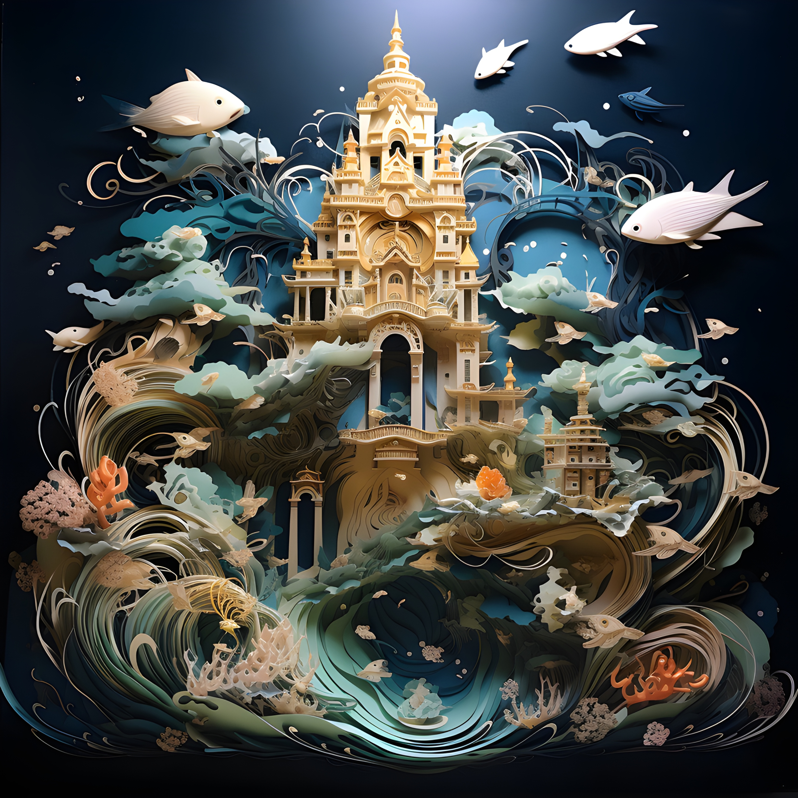 Layered Paper Underwater Temple