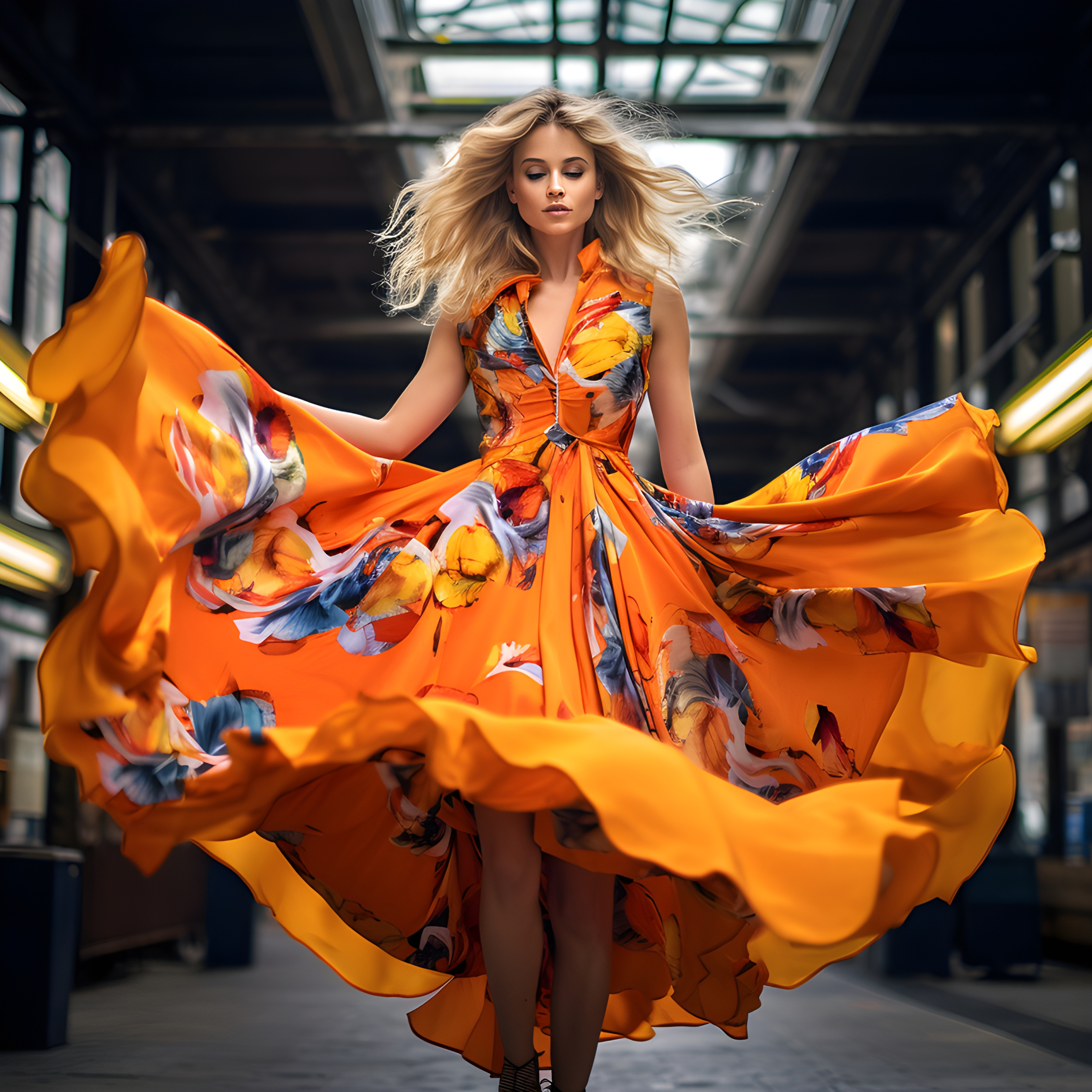 High end editorial fashion model in vibrant dress